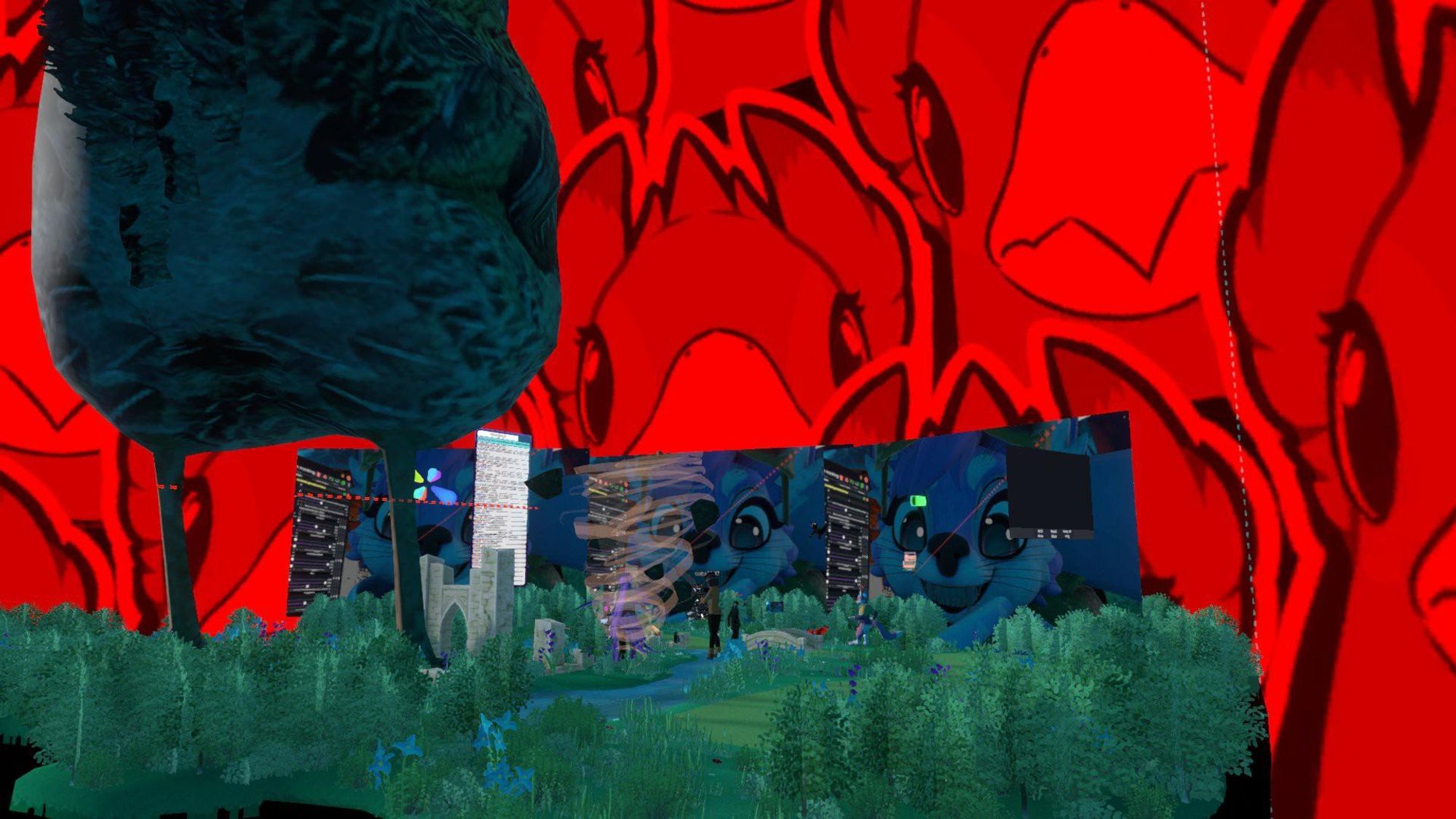 Decoy's headless world with a bunch of items spawned around, including cursed screenshots, giant Steve the chicken, a tornado, and a red-tinted skybox with Decoy's face all over it. A few people are standing in the middle looking at inspectors.