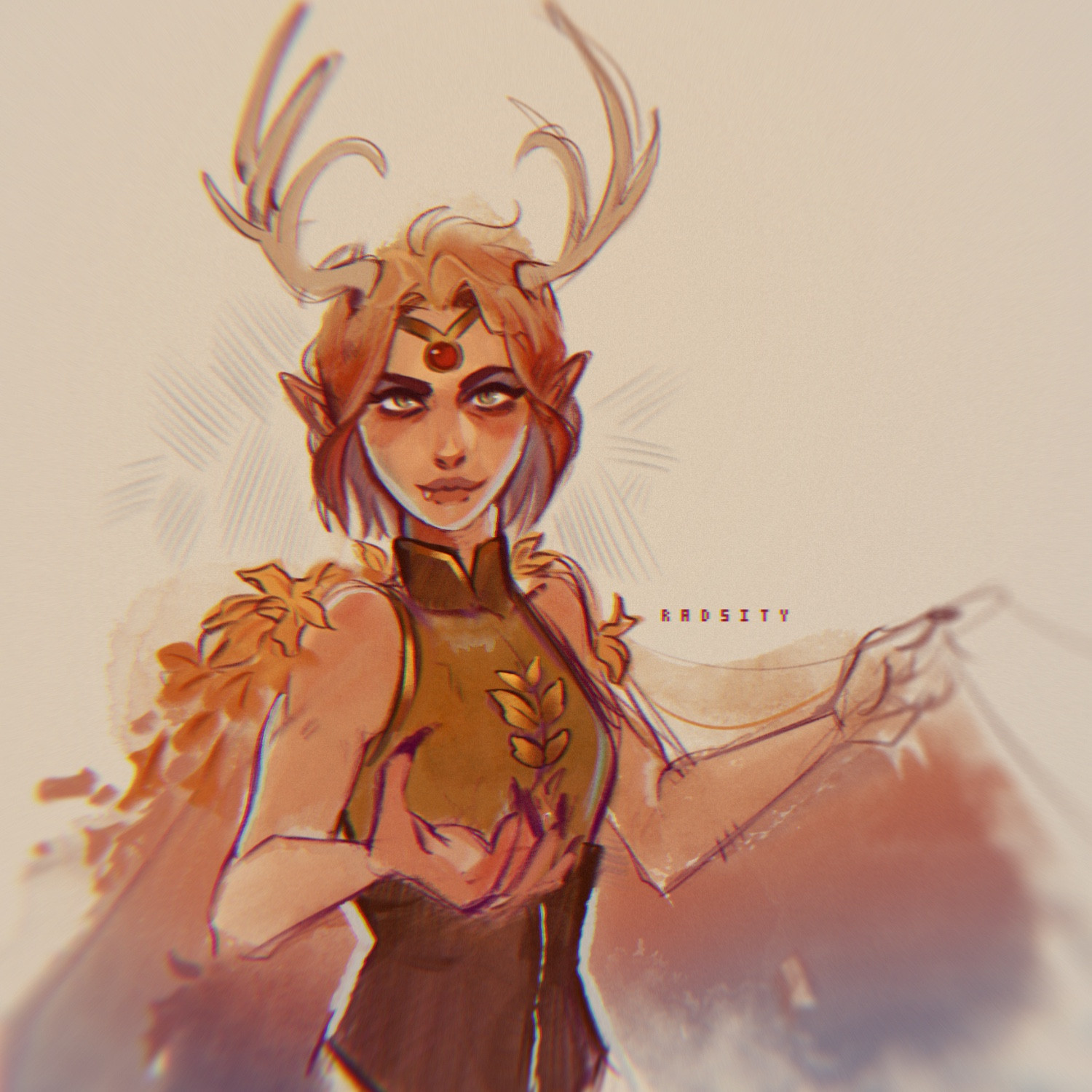 a soft dreamy watercolor illustration of Keyleth, from Critical Role. She’s gazing towards the viewer with a confident expression. Her fingers are long and clawed, and she’s lifting up her mantle.