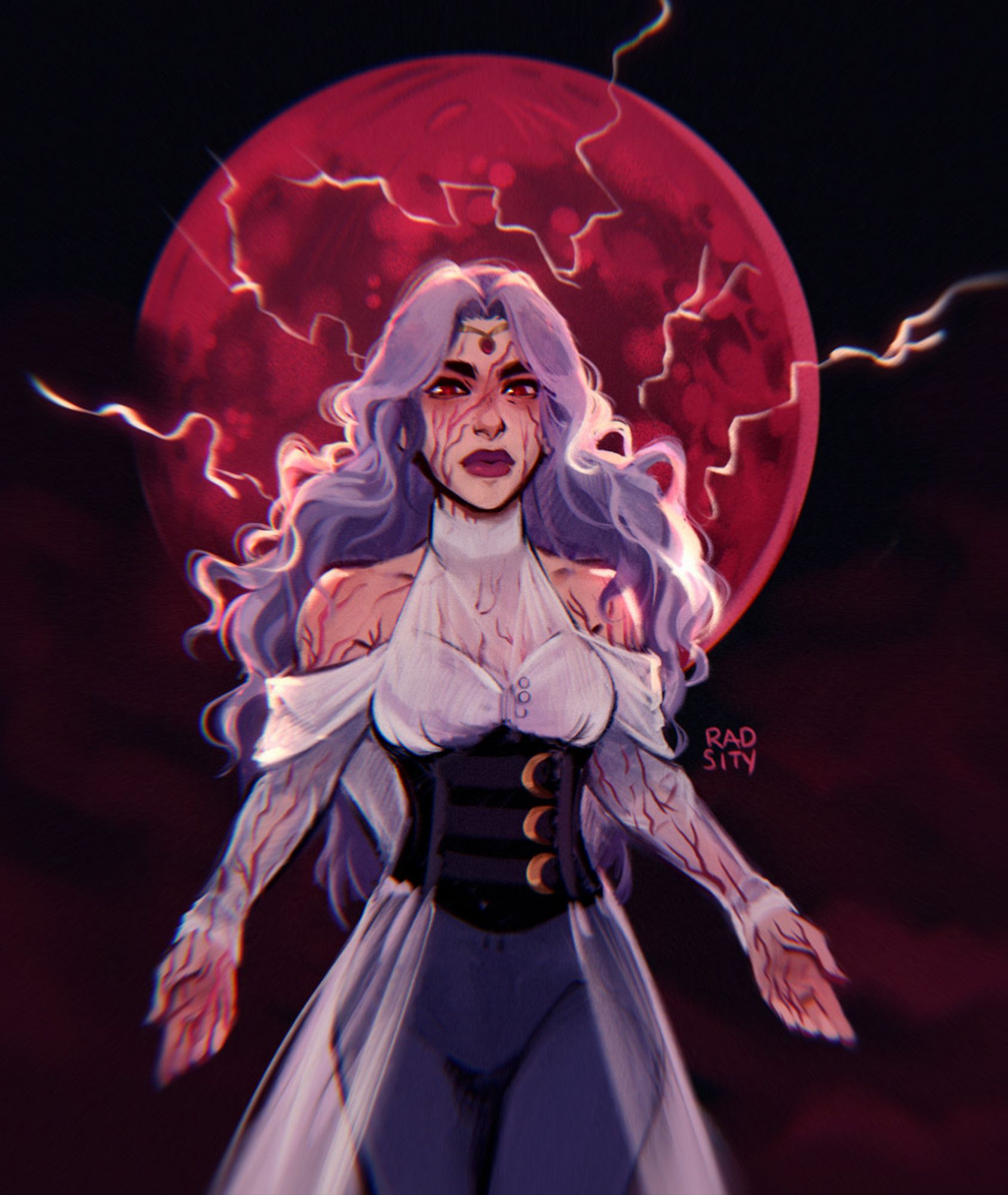 A full color illustration of Imogen Temult from Critical Role. She’s haloed by Ruidus, with electricity streaking off of her. Her expression is intense and red.