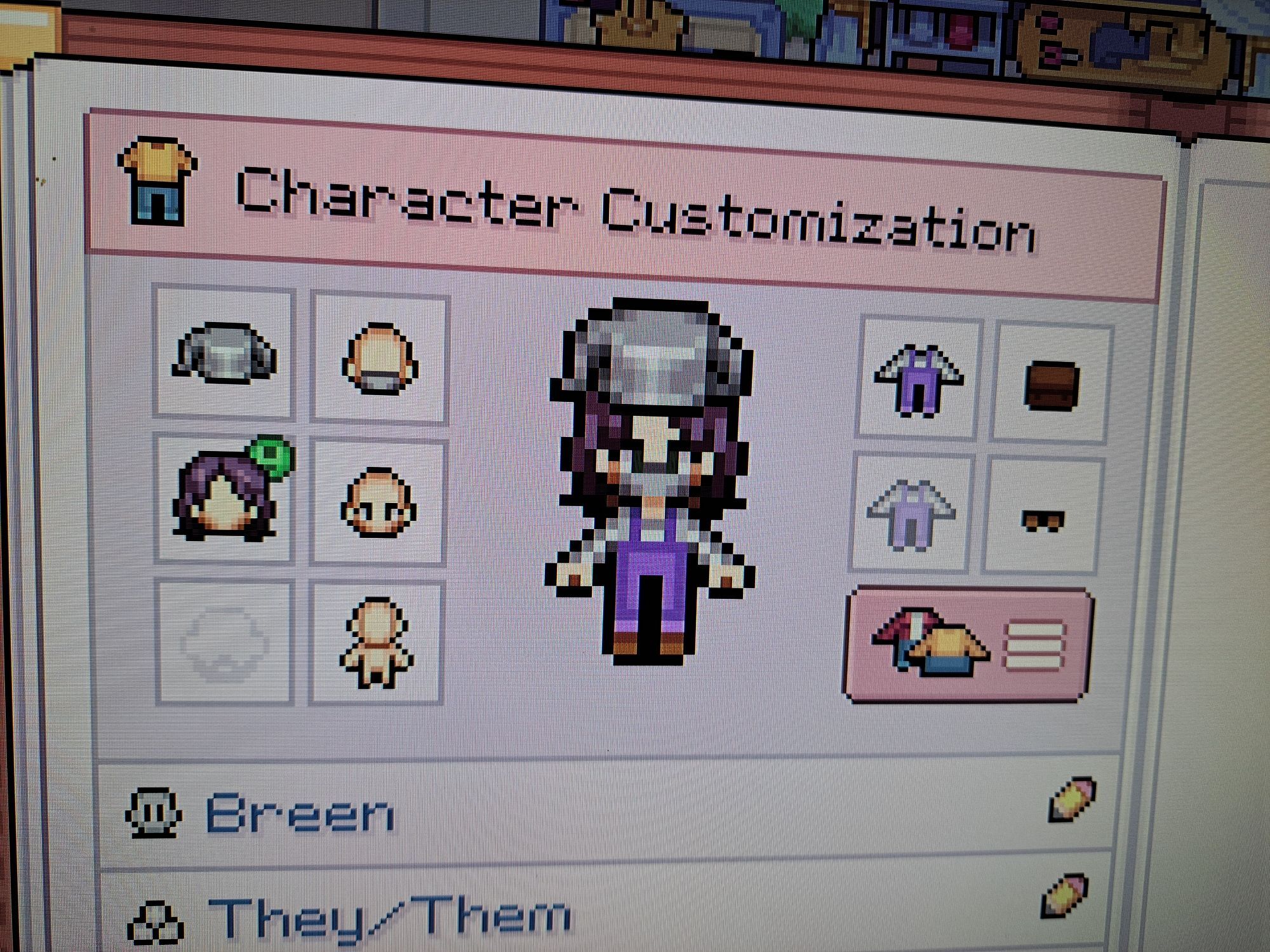 fields of mistria character customization screen. the farmer is wearing purple overalls with a kettle on their head.