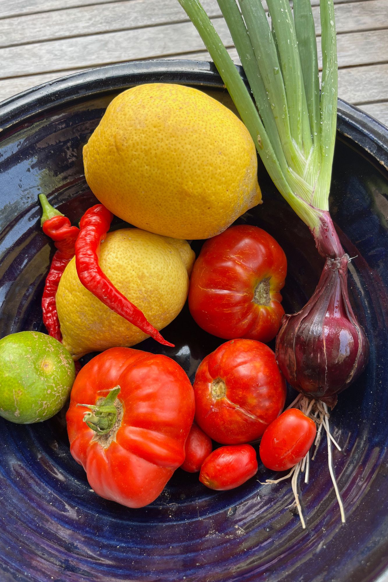 Eine Schale mit Zitronen, einer Zwiebel, einer Mandarine sowie zwei Sorten Tomaten