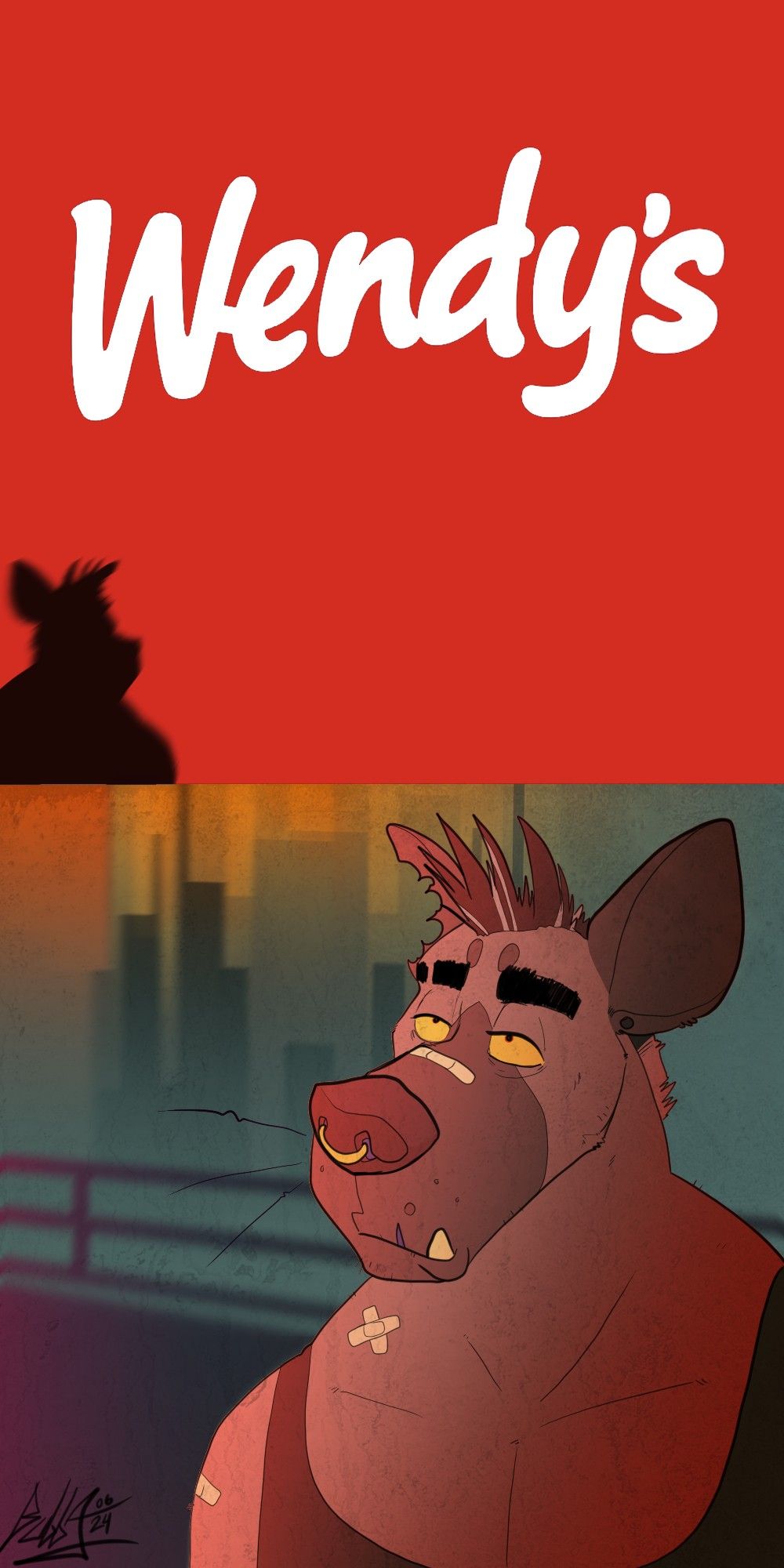 Bladerunner 2049 reference art, using a wendy's sign and my hyena character bubba.