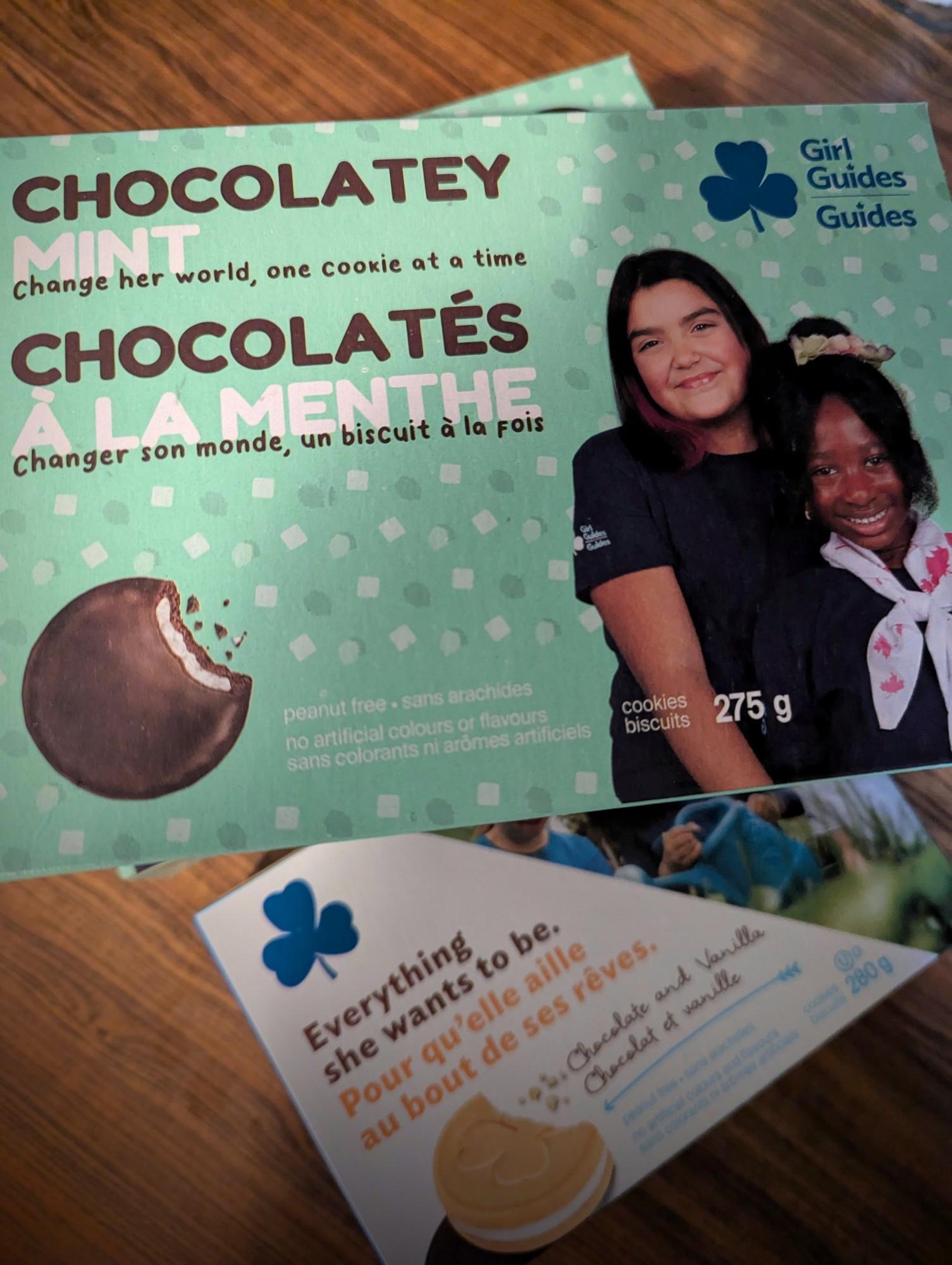 Boxes of girl guide cookies. One chocolatey mint, and one chocolate and vanilla. 