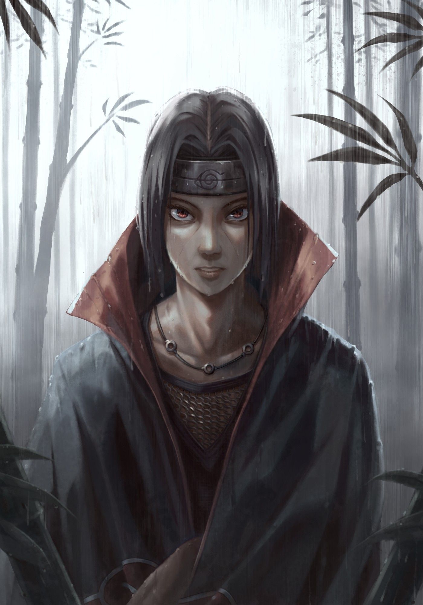 A semi-realistic painting of Itachi Uchiha, standing in a misty bamboo forest, soaked by the rain.