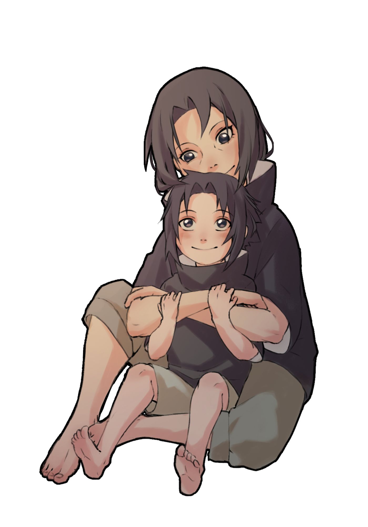 A young Itachi and Sasuke cuddling together.