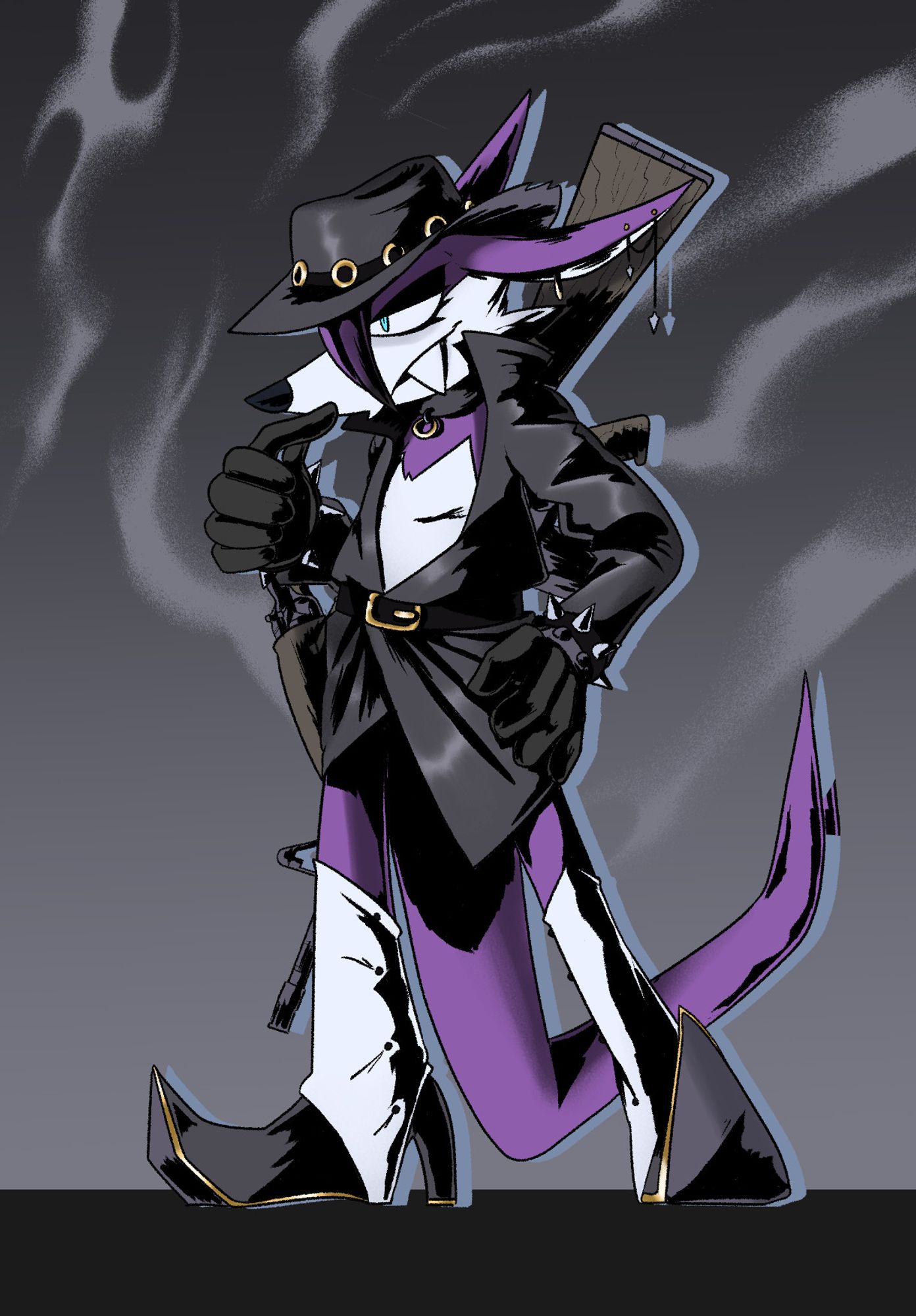 Fang the Hunter in a goth cowboy attire.