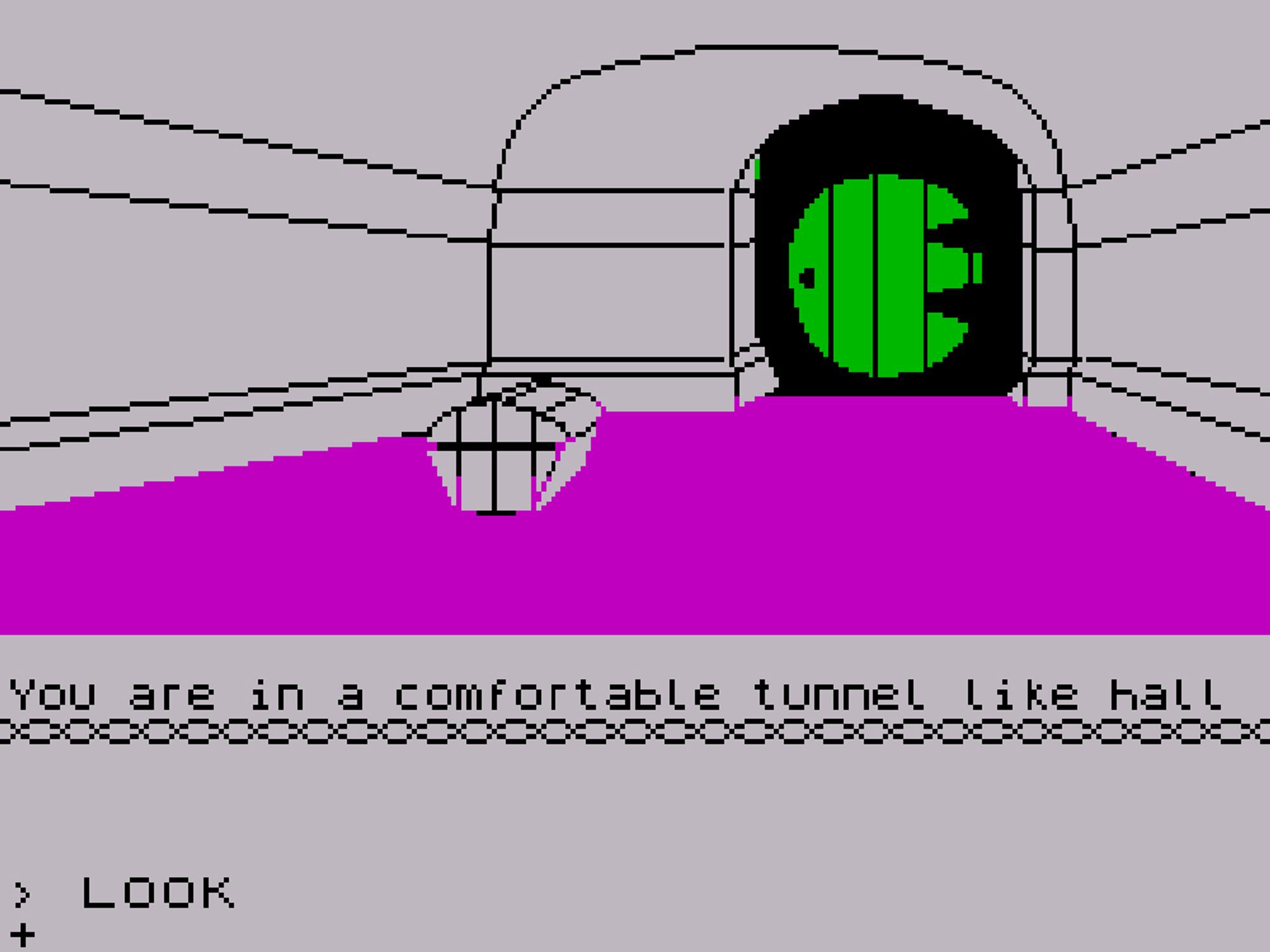 The opening scene of the ZX Spectrum adventure game "The Hobbit". By todays standards it's a crude rendering of the inside of a hobbit hole the floor is lurid magenta and the circular door is green. Beneath the picture the pixel font text reads "You are in a comfortable tunnel like hall". Below this the player has typed "LOOK"