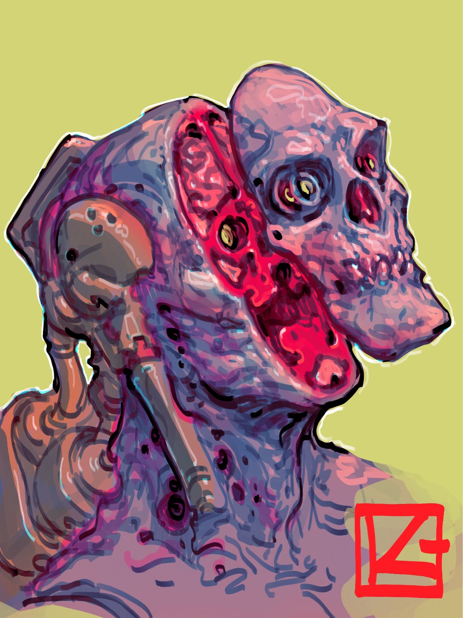 A purple cyborg zombie, it’s face split off and floating. Neato face meat visible. Tubes running into the back of his head