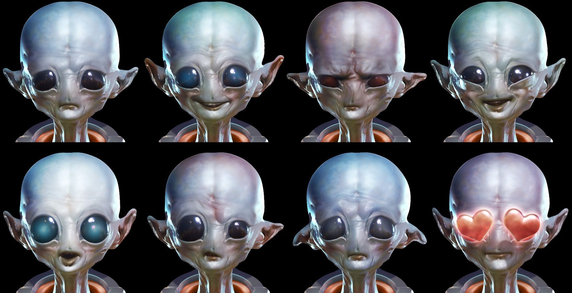 8 2D rendered images of an adorable Alien demonstrating various, emoji-esque facial expressions