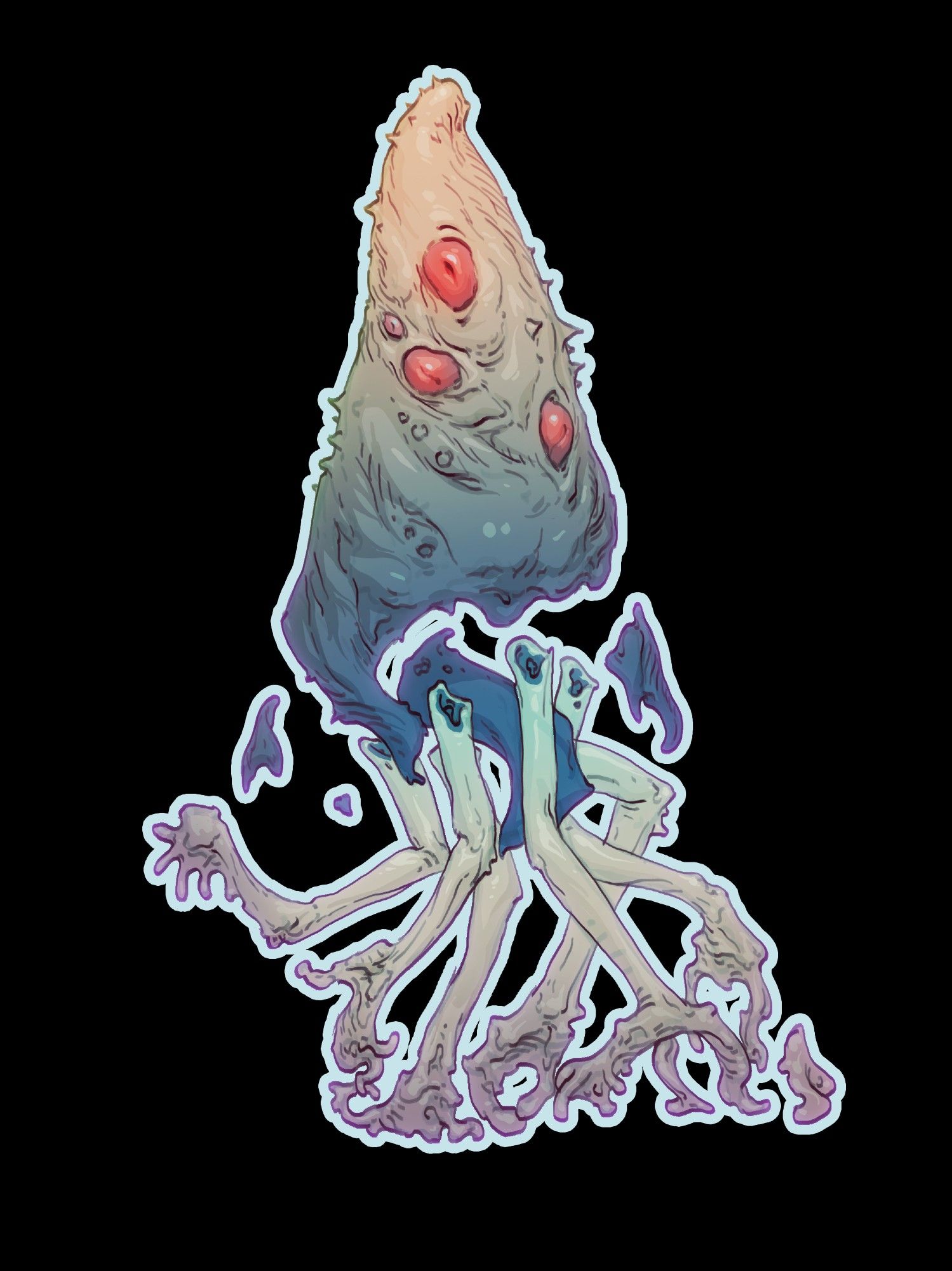 a cone shaped creature with multiple red eyes and waaay to many armFeet. "Stickered" so it looks sweet in a pitch deck.