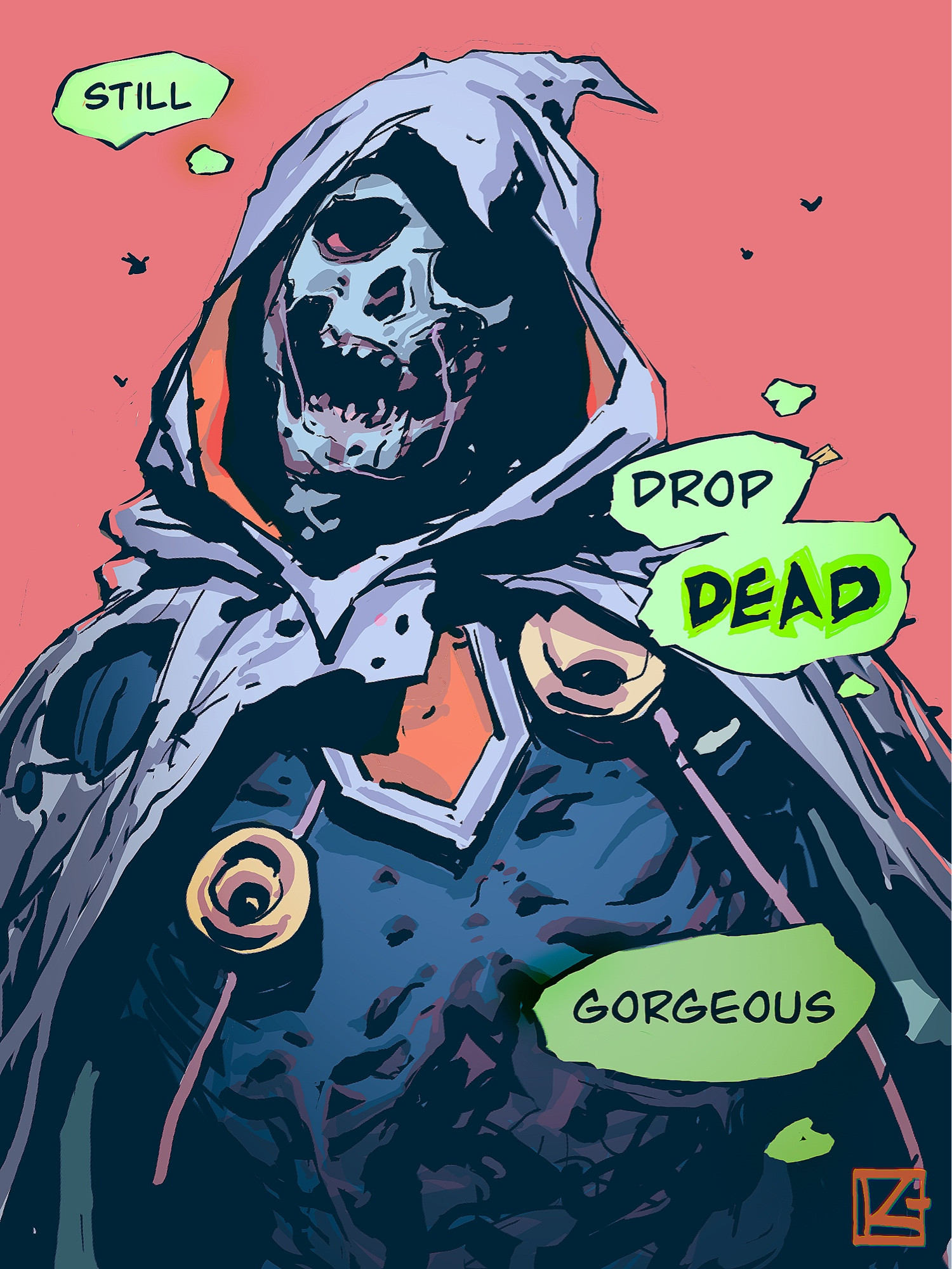 A single comic panel of Taskmaster, zombified, his thoughts ‘ still.. Drop… DEAD.. gorgeous’