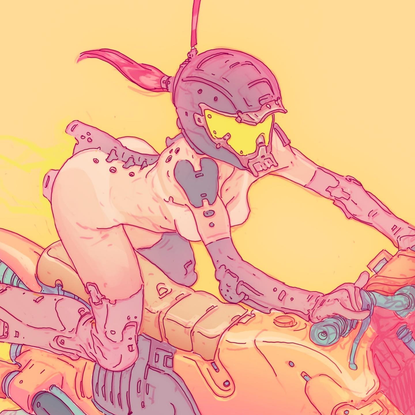 A cyberpunky drawing of a nude lady on a motorcycle, with arm length riding gloves, thigh high cyber boots, tan lines,  and a techno spine terminating at her nethers in a rocket fuselage. Implying her velocity is controlled by her genitalia. wearing a bicycle helmet. Retro pink pastels. 