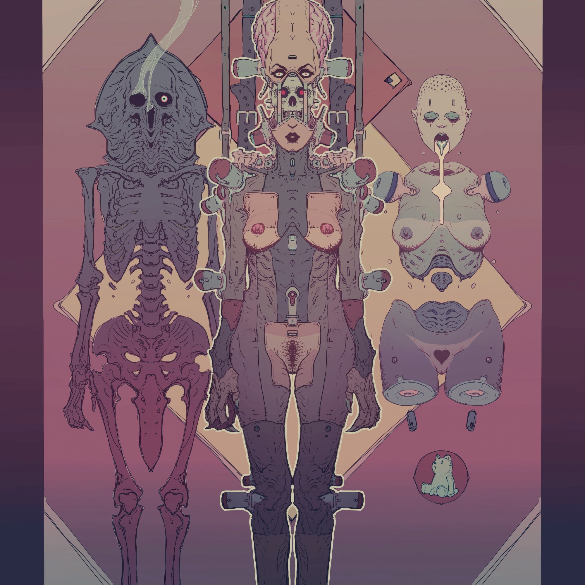 Procreate #illustration . A Frankenstein's monsterish bride lady sits infront. Her outfit revealing her breasts and genital's. Rocking tanlines! Her head pulled apart to reveal a skull. On the left, an odd, eldritch skeleton. on the right, a hans bellmer style head, torso and pelvis.  Colorful, retro pinks and purples. 