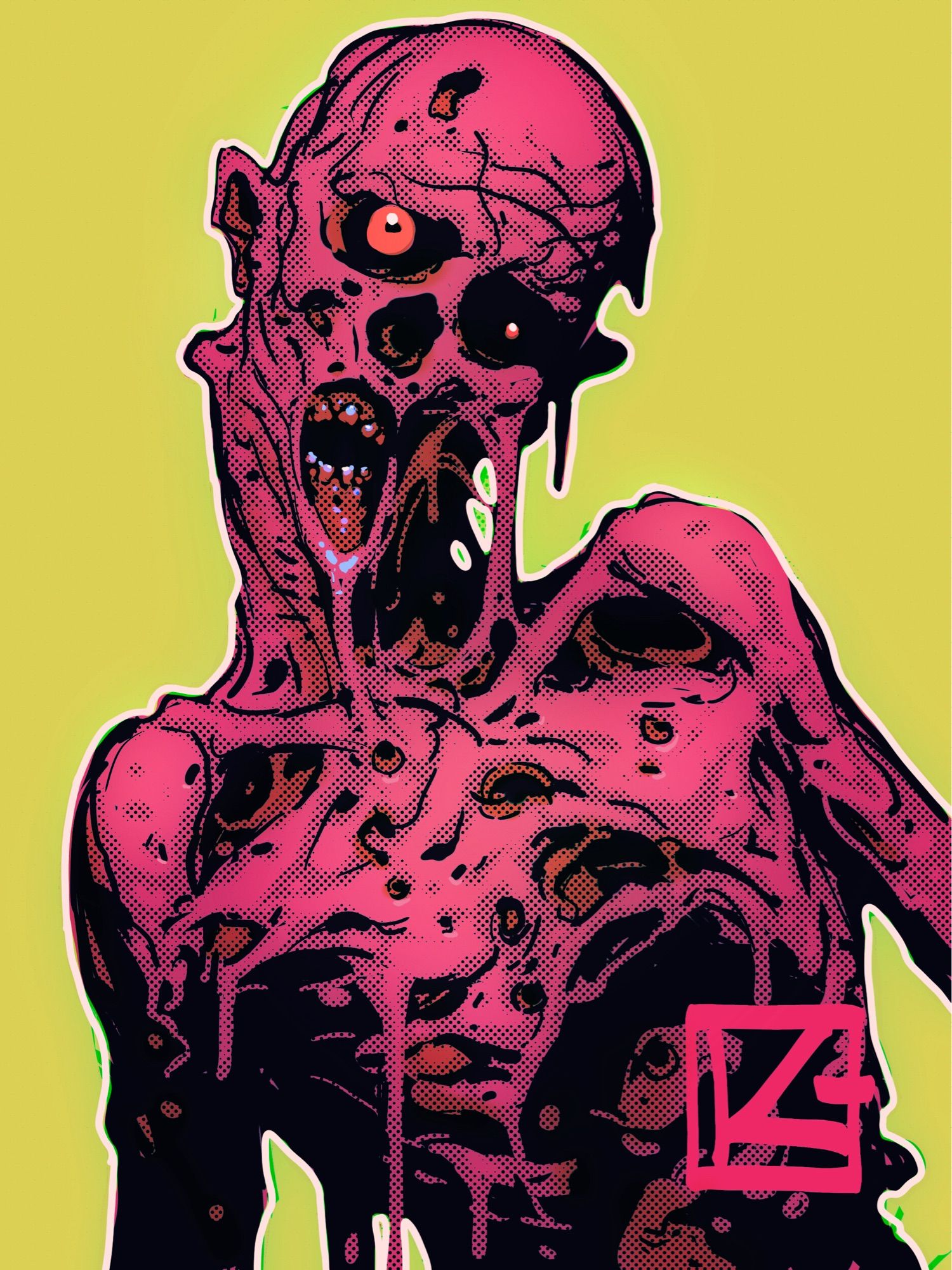 A pink zombie on a yellow green background. Lower lip oozing off if face. A bit melts all around.