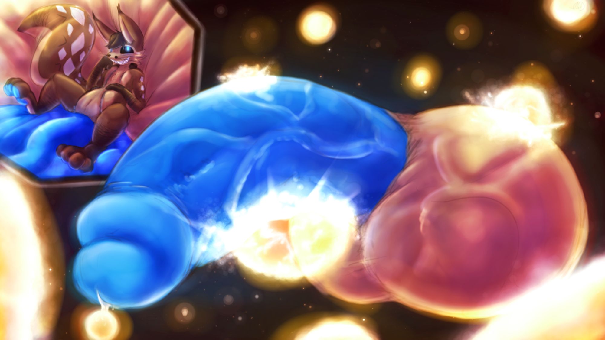 Lewd cartoon drawing of an anthropomorphic Cheshire cat with veined, astronomical-sized cock and balls smashing into glowing cosmic structures. Their body is visible in a cutaway shot, grinning and a zippered suit open to unleash those bits.