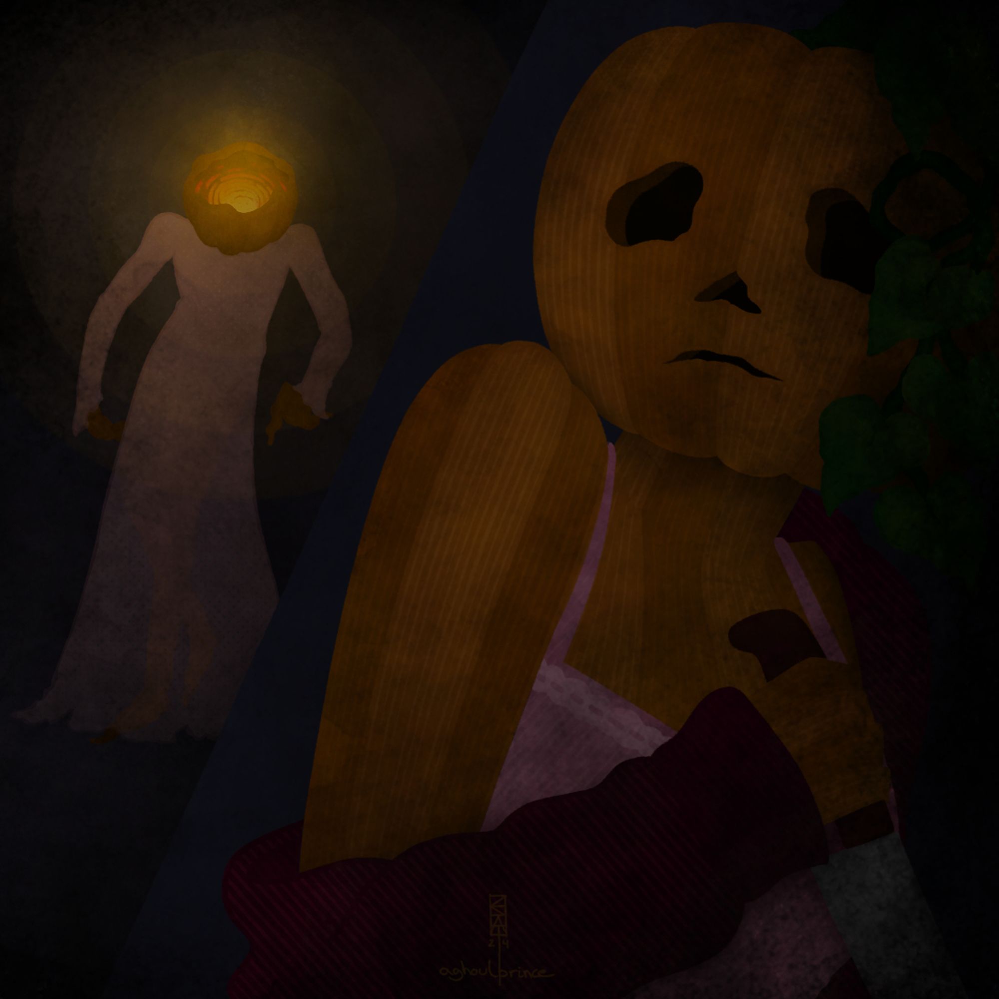 Pumpkin person in the forground is holding a knife and hiding behind a wall. There's a ghostly pumpkin person with half of their head missing and a light shining inside it walking in the background.