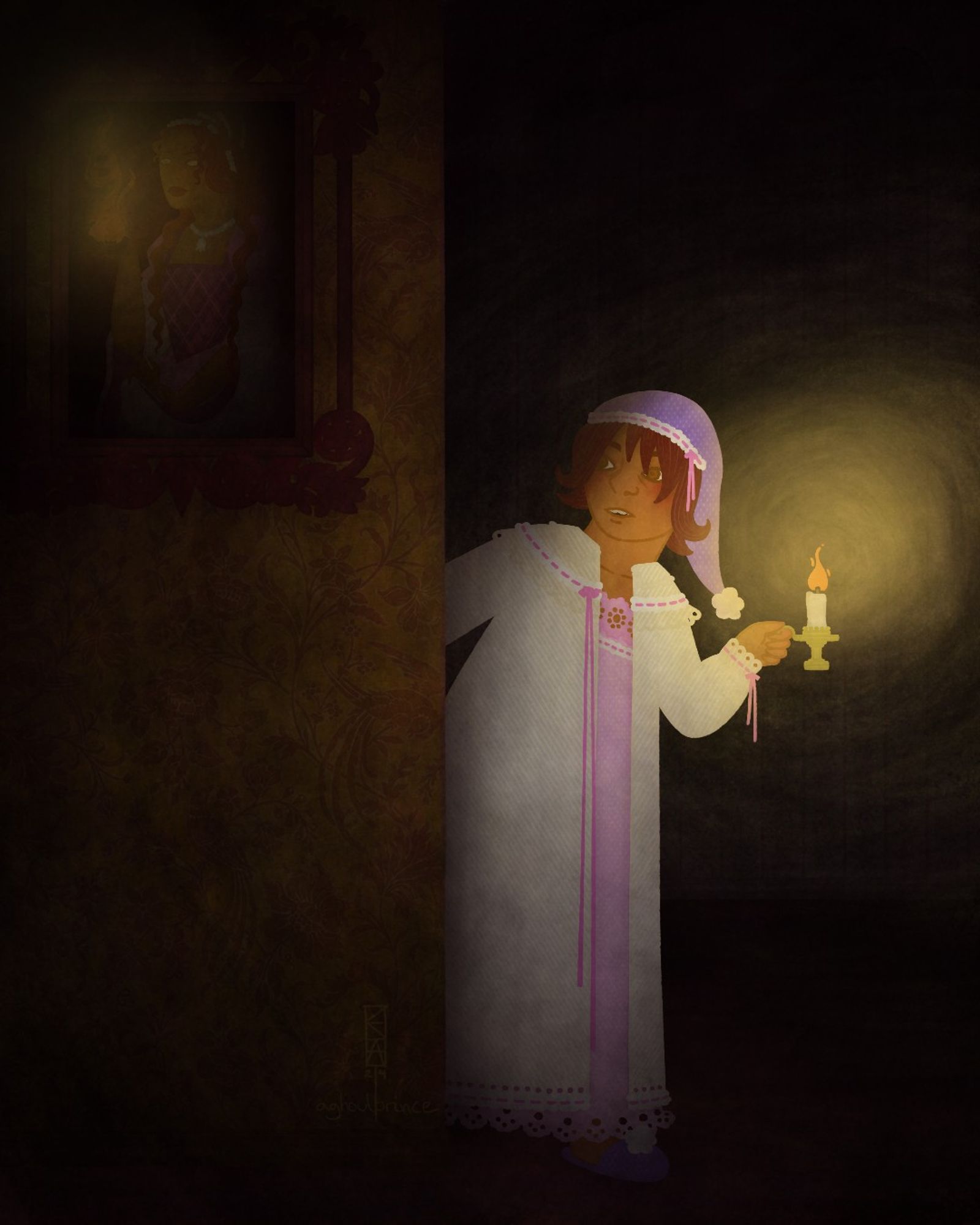 Girl in darkness holding a lit candle, looking behind a wall. There's a painting on the wall of a woman holding a flame in her hand.