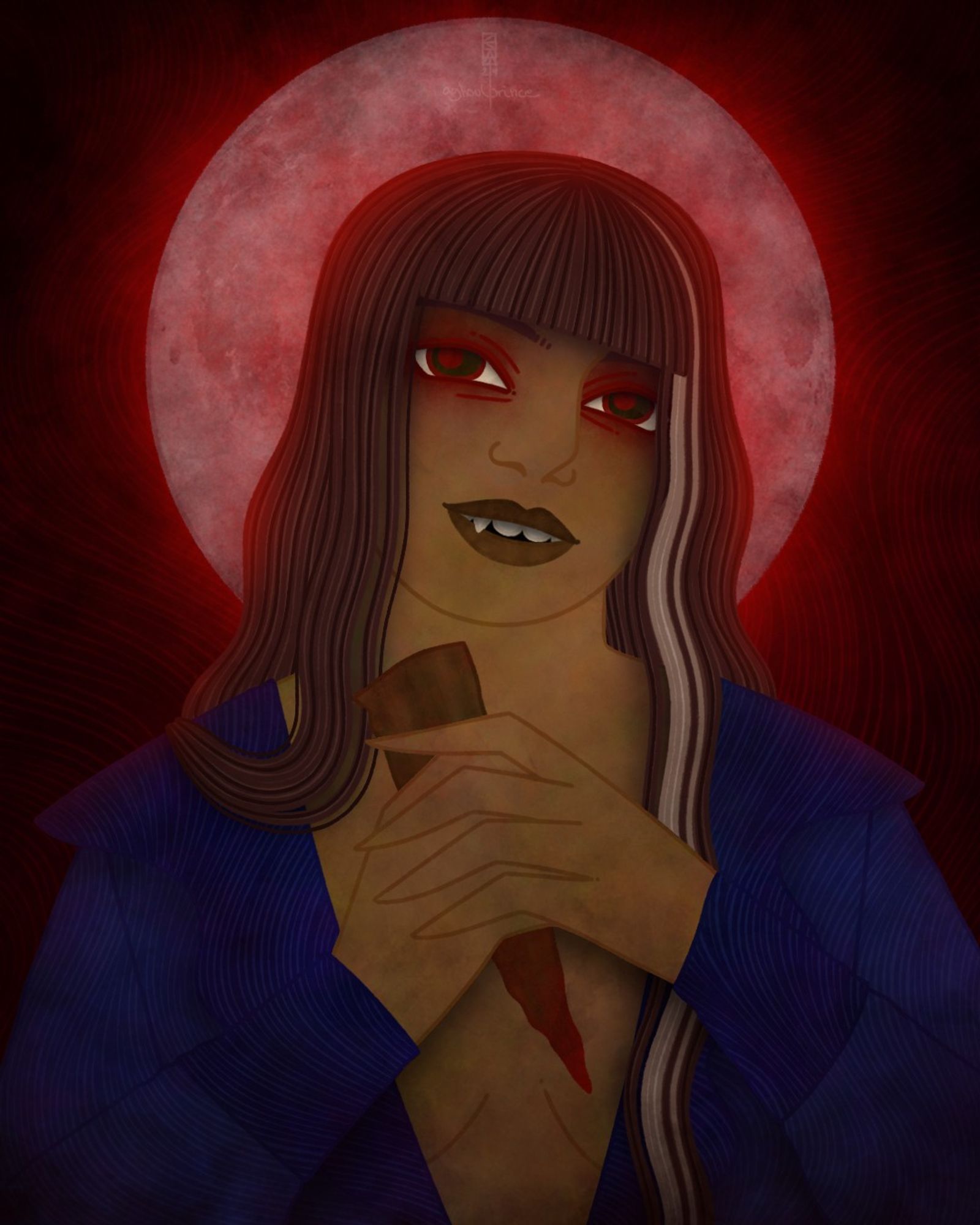 Digital art of a woman holding a wooden steak to her chest. She's smiling and you can see a fang. There's a red full moon shining behind her.