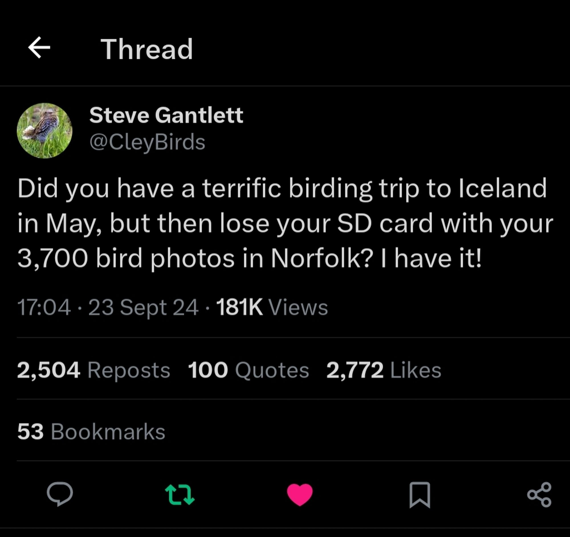 A tweet from Steve Gantlet looking for the owner of an SD card he found in Norfolk containing 3700 photos from Iceland in May...