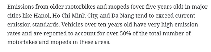 article excerpt about how motorbike and moped emissions are so bad due to 50% of all bikes in use in Hanoi being over a decade old and lacking proper emissions controls