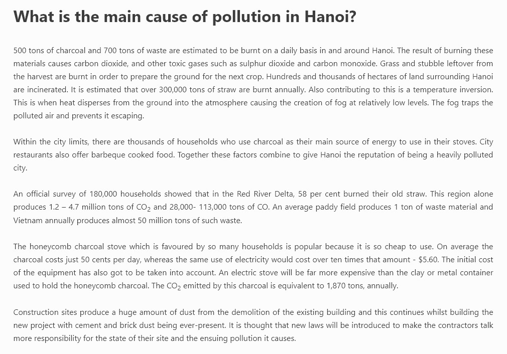 article attributing a lot of Hanoi's air pollution to heavy coal burning, field burning, and near universal use of charcoal stoves to cook food