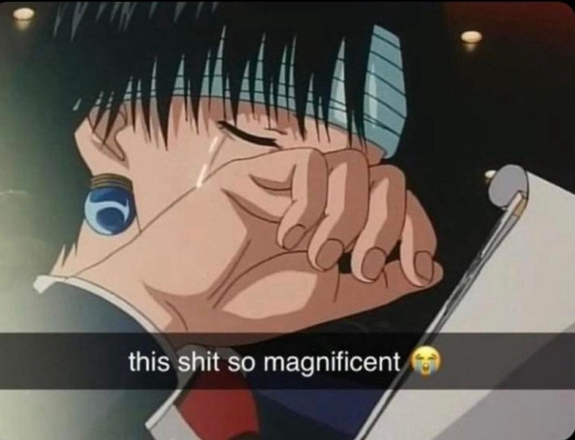 Chrollo from Hunter x Hunter wiping his tears with the caption “this shit is so magnificent 😭”