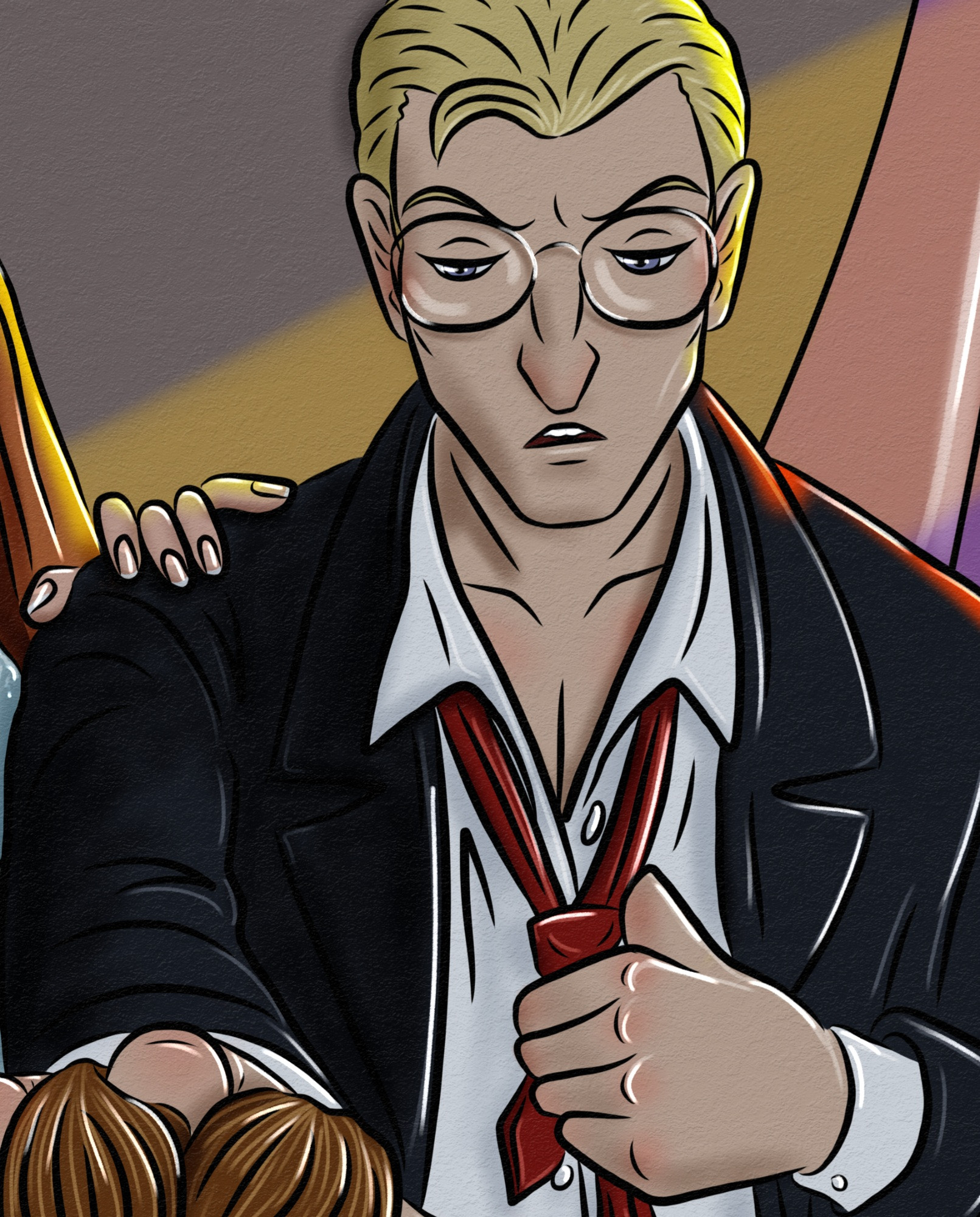Close up of Owen looking down (probably at Xanatos' ass... which I really debated on reflecting in his glasses as well but decided against it cause it just looked TOO goof ass) as he undoes his tie. Check out Fox's amazing ass nails on his shoulder.