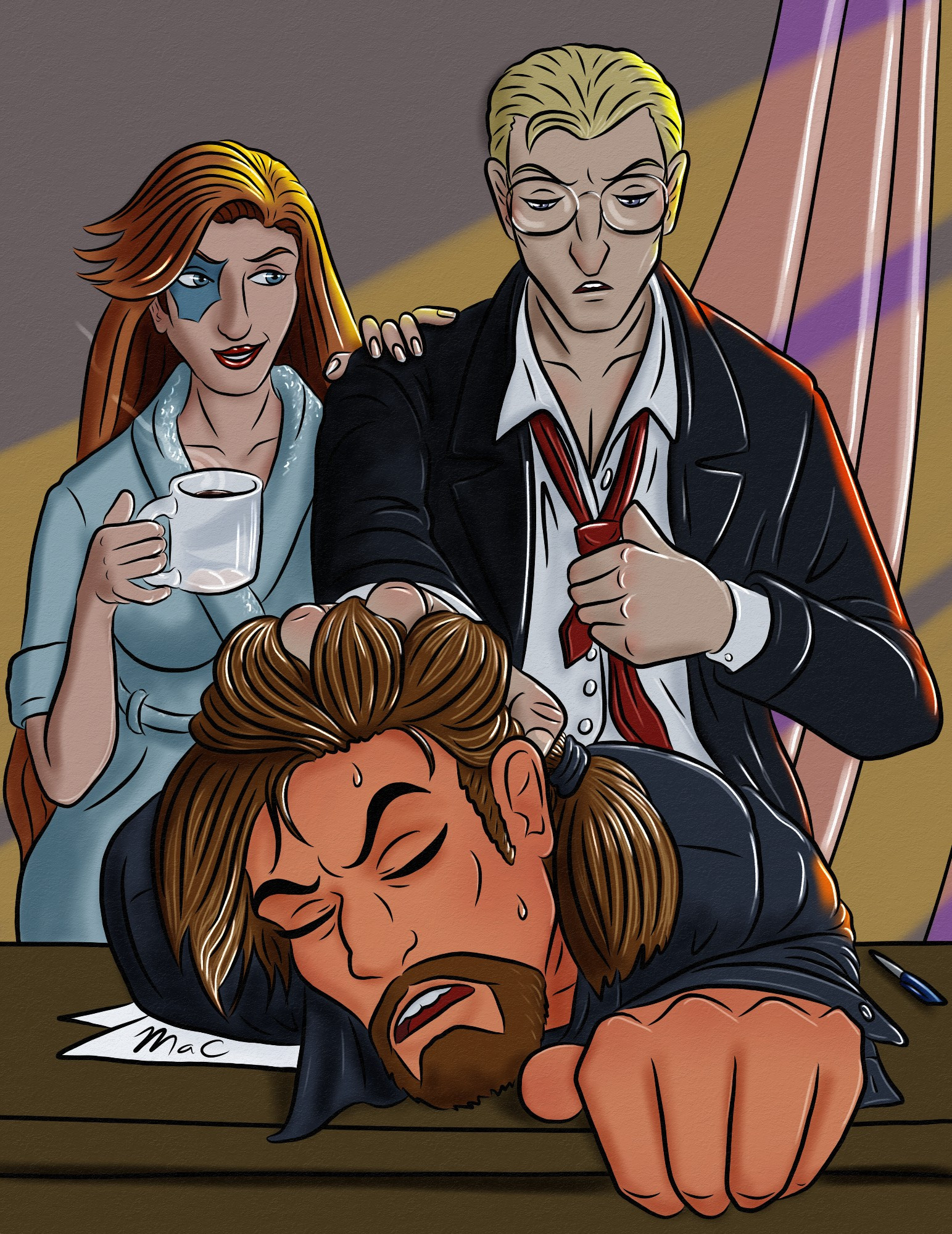 Own bending Xanatos over his desk, his hand is gripped into his hair and holding his head down while he undoes his tie. Xanatos is flushed and gripping the edge of the desk with one hand, his other most likely touching himself. Fox is in a bathrobe and has her hand on Owen's shoulder while smirking. She's holding a steaming mug of coffee that's just barely reflecting Xanatos' bare ass. Behind them some curtains blow in a breeze while sunlight filters in through a window off frame.