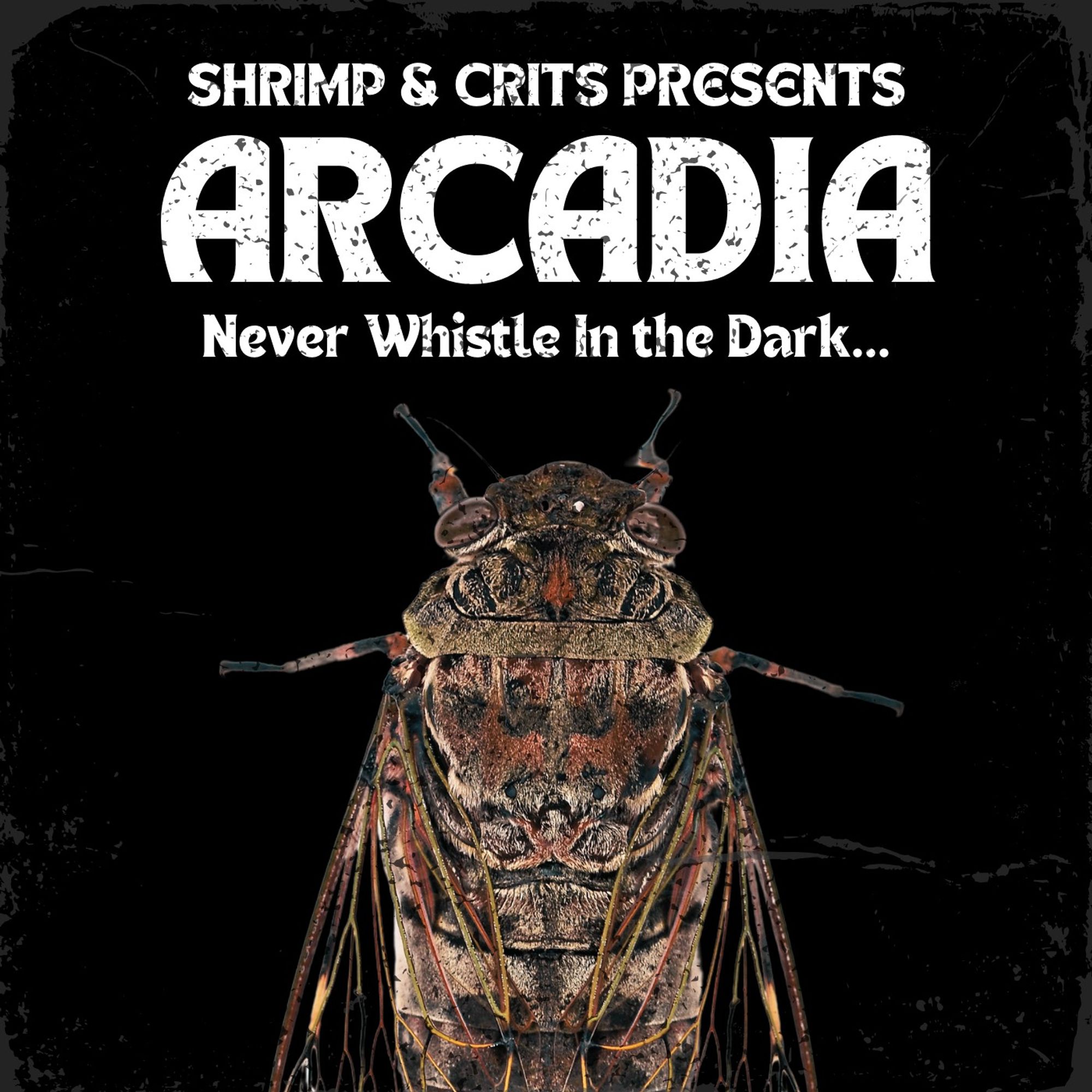 The back of a massive Cicada bug against a black grainy background with white lettering