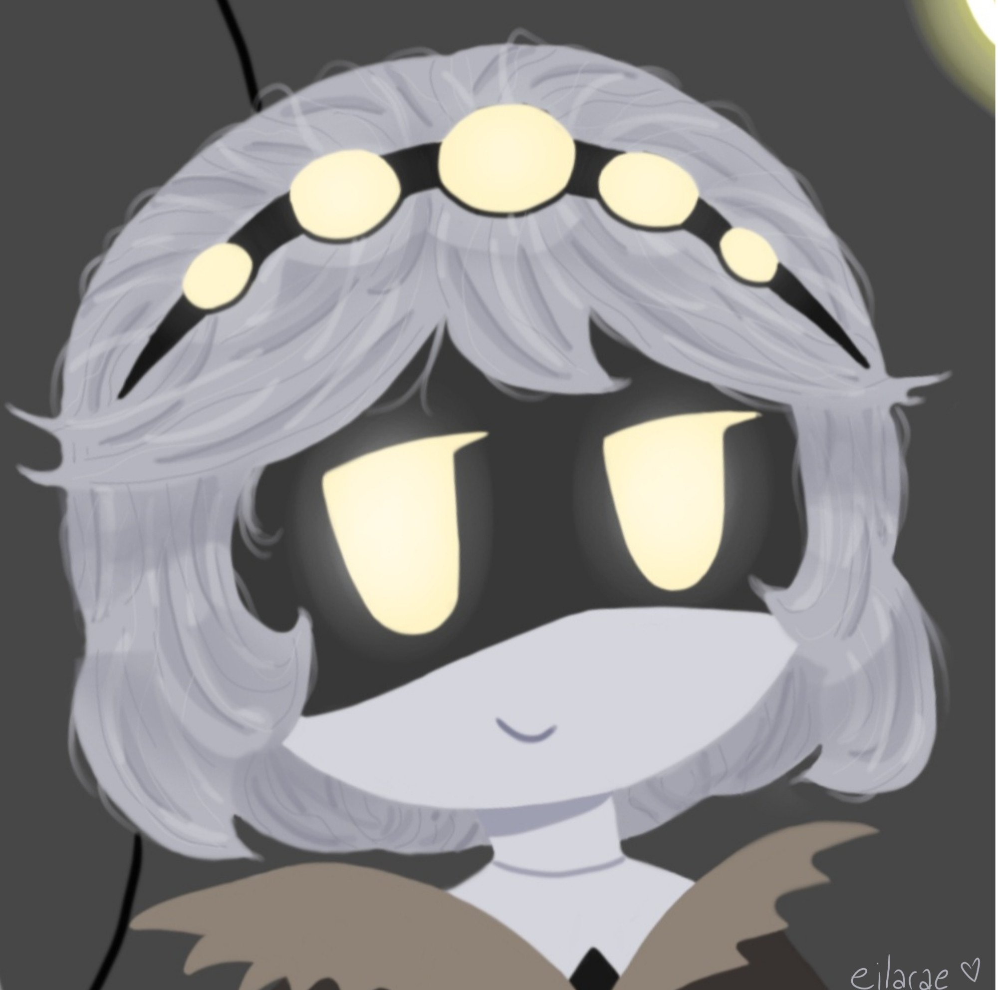 a closeup digital drawing of v from murder drones, a robot with a white face, black visor, and glowing pale yellow eyes. she smiles carelessly at the camera. 