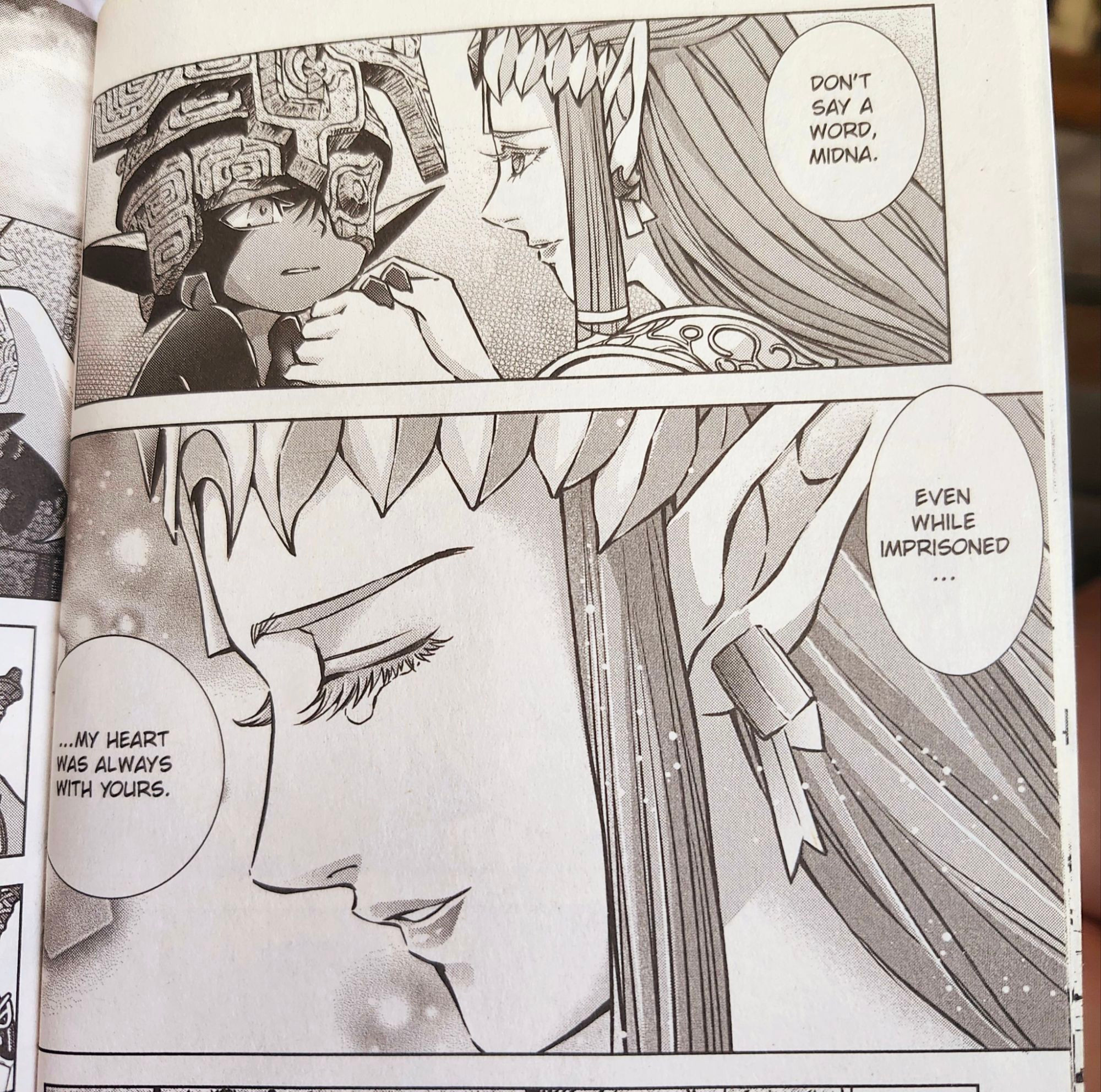 a crappy photo of two beautiful panels in the legend of zelda twilight princess manga. in the first panel, zelda takes midna's hands and says "don't say a word, midna." the second panel is a closeup of zelda's face as she says "even while imprisoned... my heart was always yours." they are gay