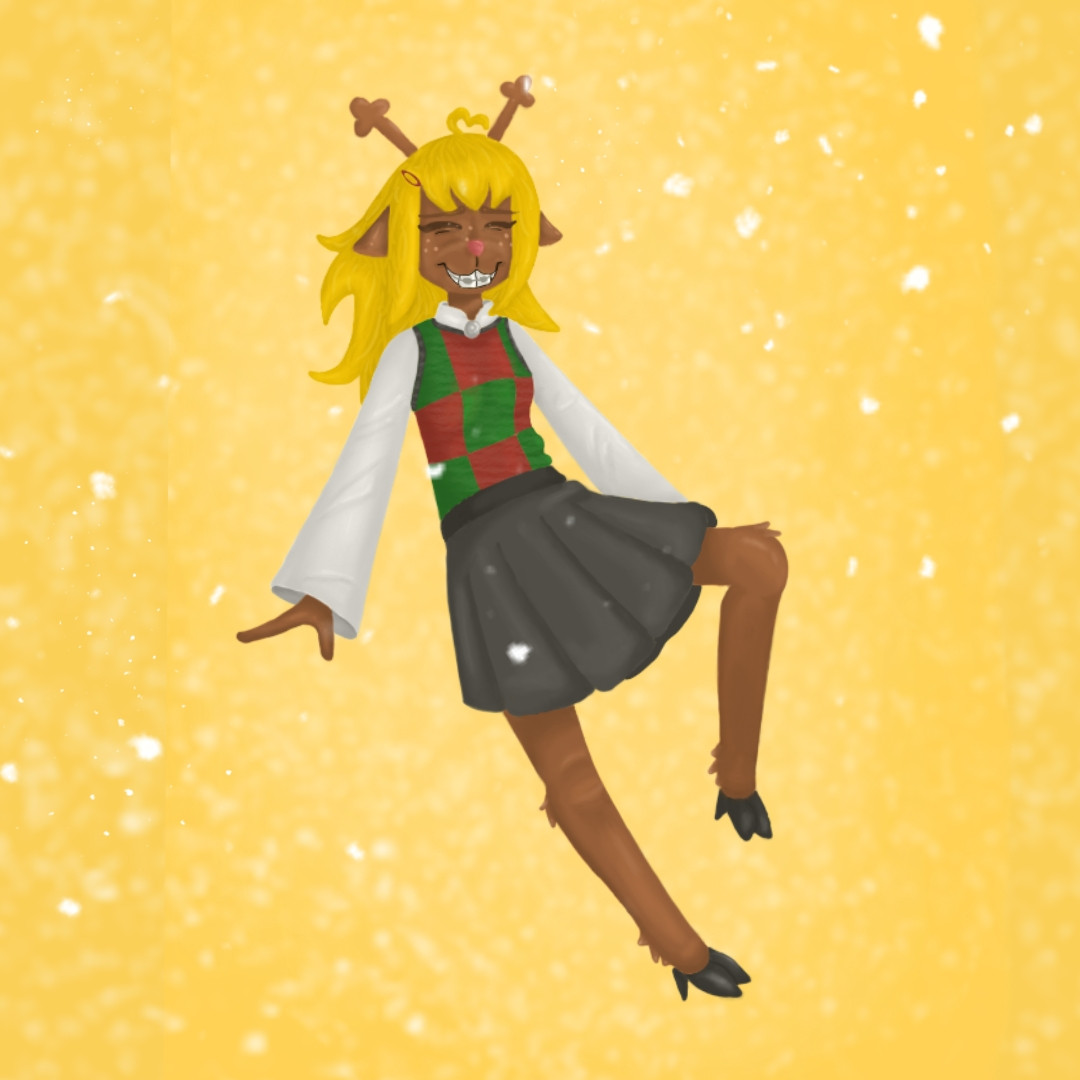 a digital drawing of noelle from deltarune, an anthropomorphic teenage reindeer girl. she wears her default outfit and smiles big with braces, with both arms out and one leg bent. the background is sparkly and golden.