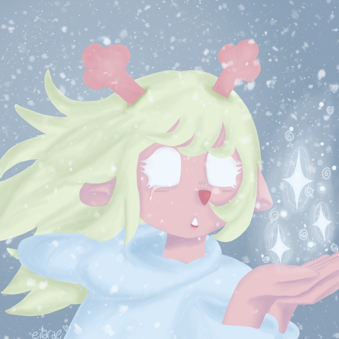 a close up digital drawing of noelle from deltarune, a teenage anthropomorphic reindeer girl. her eyes are pure white and a single tear falls from one. her hands are raised in performing a magic spell. wind blows her hair and hood back, and snow falls all around her. 