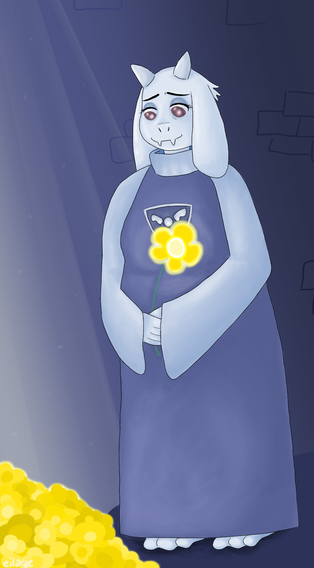 a digital drawing of toriel from undertale, a large, kind looking goat-like woman. she stands in her default outfit, smiling sadly down at a patch of golden flowers. she holds one in her hands as well. it glows slightly. 