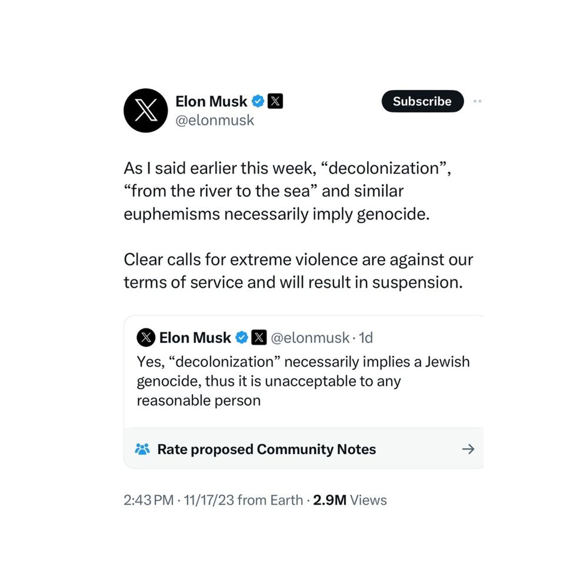 a tweet of elon musk saying that using the phrases "decolonization" and "from the river to the sea" will get you banned on twitter.