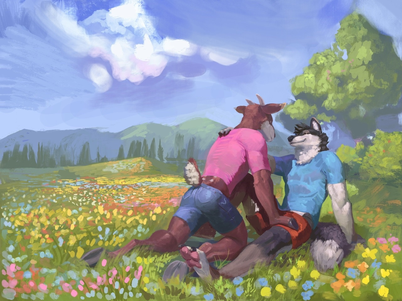 Painting of a goat and wolf looking into each others’ eyes in a field full of flowers