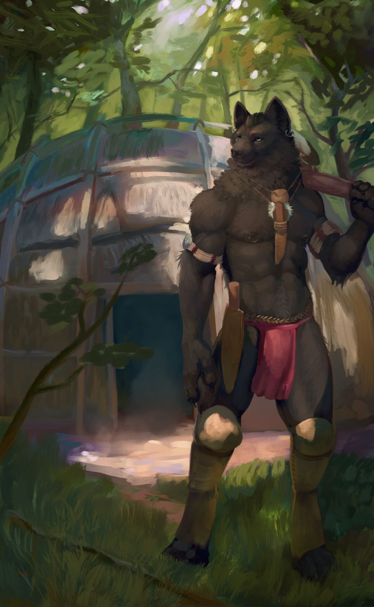 Painting of a black-furred Lenni Lenape warrior wolf in front of a wigwam