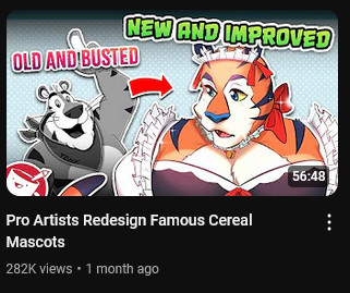 tony the tiger under the text "old and busted" with an arrow pointing to anime tony the tiger in a maid outfit under the text "new and improved" with the title "pro artists redesign famous cereal mascots"