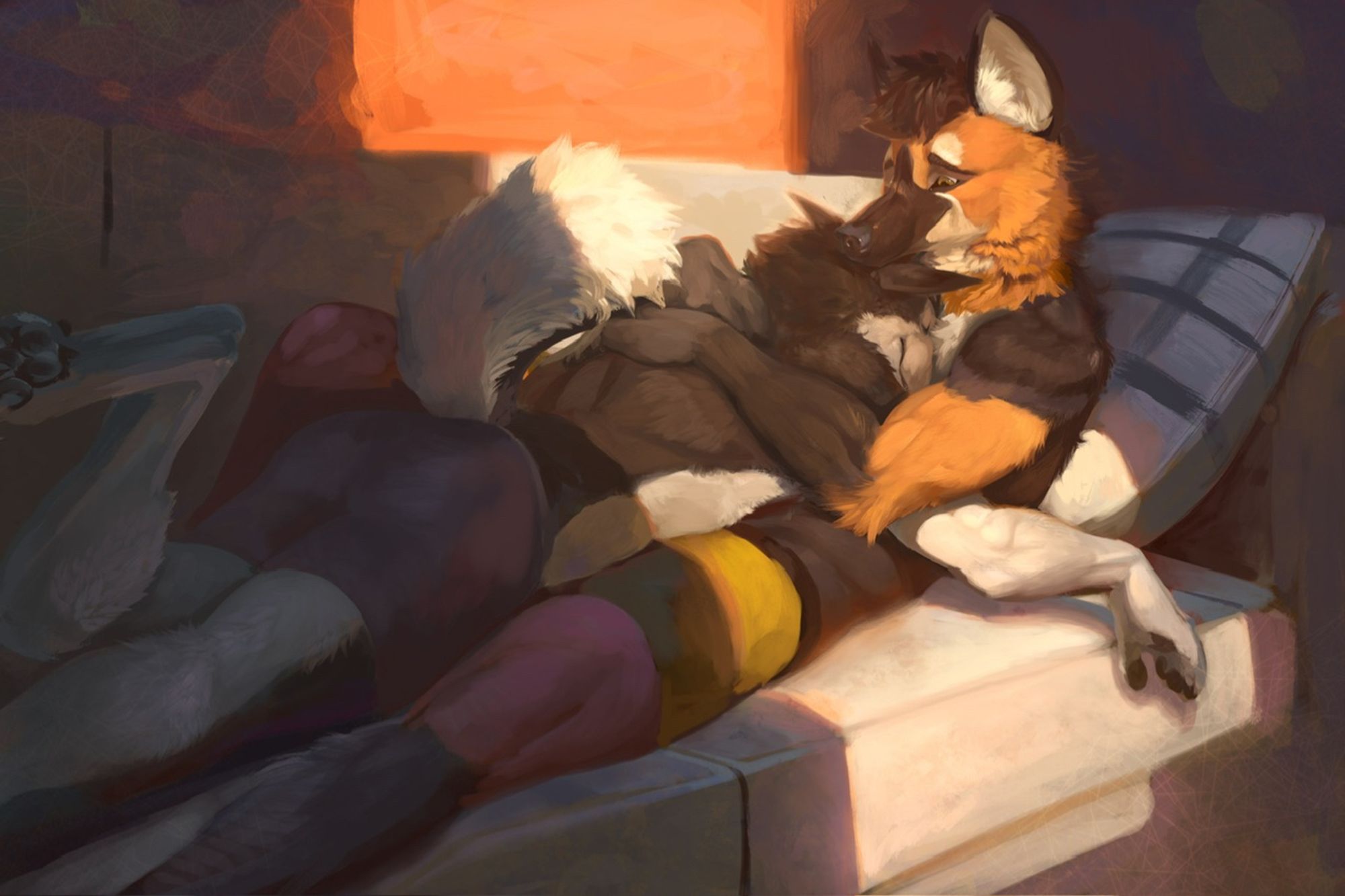 Painting of an anthropomorphic maned wolf and an anthropomorphic husky snuggling on a couch