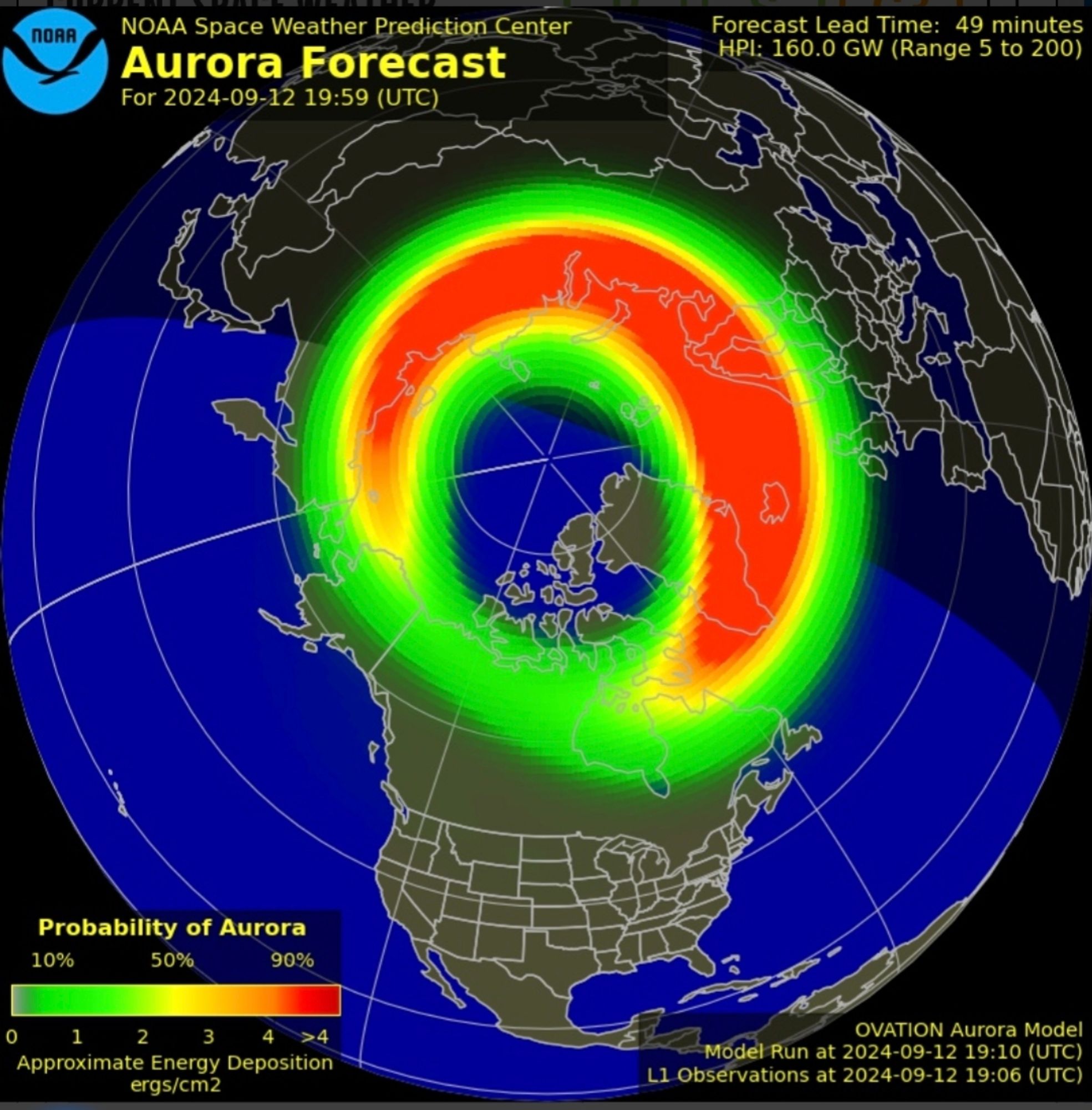 Map showing where the aurora borealis can be seen. It is red over parts of the UK.