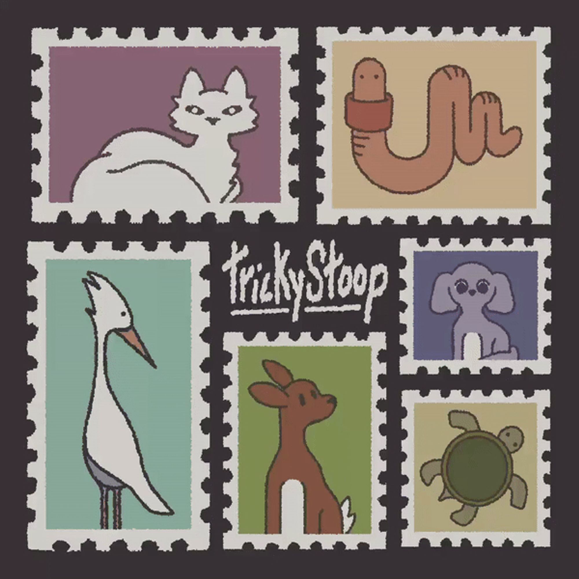 a handful of animals presented on postage stamps with trickystoop's logo at the center.