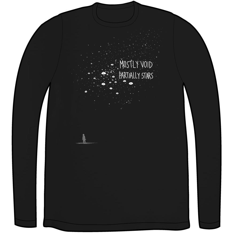 A black long sleeve t-shirt. On the front left there is a shadow figure looking up. Above the figure are many white pinpoints of various sizes and brightness, with a few small eye shapes mixed in. The text, overlapping the dots, says: Mostly Void, partially stars.