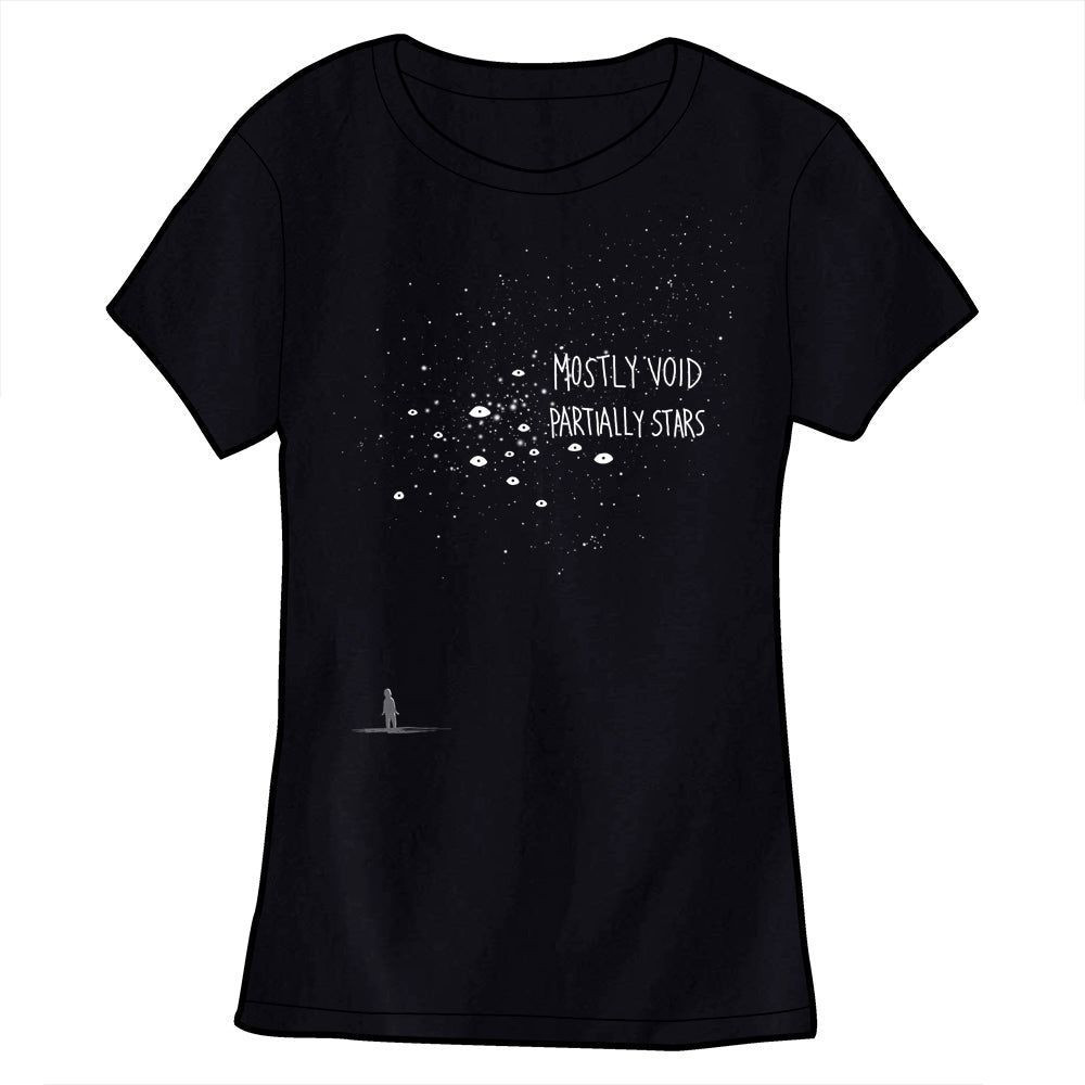 A black fitted t-shirt. On the middle left side there is a shadow figure looking up. Above the figure are many white pinpoints of various sizes and brightness, with a few small eye shapes mixed in. The text, overlapping the dots, says: Mostly Void, partially stars.