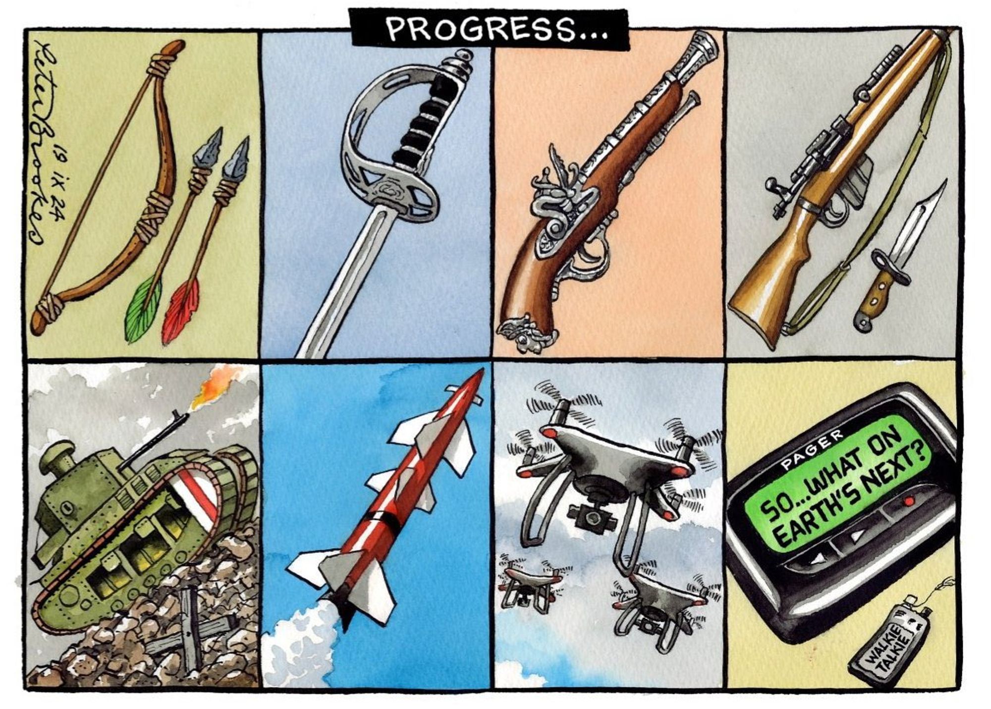 Entitled "Progress...", eight panels track weapons over time: bow and arrow, sword, musket, rifle, tank, missile, drone and pagers and walkie talkies.