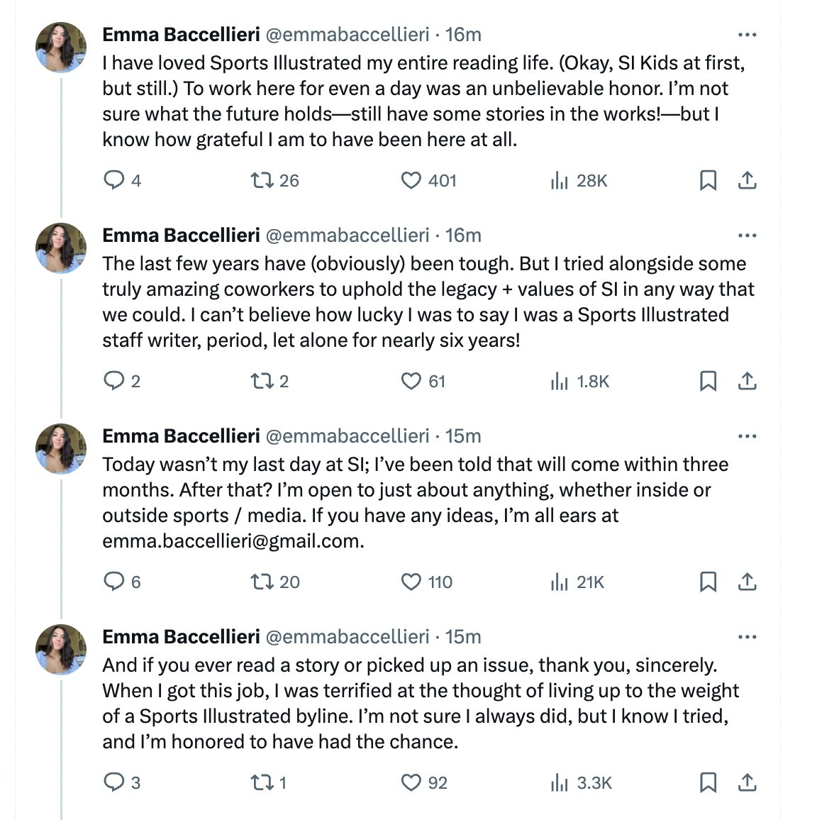 I have loved Sports Illustrated my entire reading life. (Okay, SI Kids at first, but still.) To work here for even a day was an unbelievable honor. I’m not sure what the future holds—still have some stories in the works!—but I know how grateful I am to have been here at all.
The last few years have (obviously) been tough. But I tried alongside some truly amazing coworkers to uphold the legacy + values of SI in any way that we could. I can’t believe how lucky I was to say I was a Sports Illustrated staff writer, period, let alone for nearly six years!
Today wasn’t my last day at SI; I’ve been told that will come within three months. After that? I’m open to just about anything, whether inside or outside sports / media. If you have any ideas, I’m all ears at emma.baccellieri@gmail.com.
And if you ever read a story or picked up an issue, thank you, sincerely. When I got this job, I was terrified at the thought of living up to the weight of a Sports Illustrated byline. I’m not sure I always