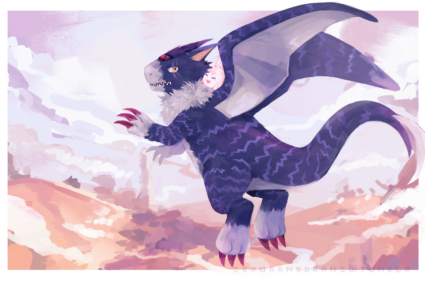 a painterly art of dorugamon flying over sand dunes, with tokomon on his back. they are both smiling and the art has a lavender/orange undertone. there are faded clouds in the background.