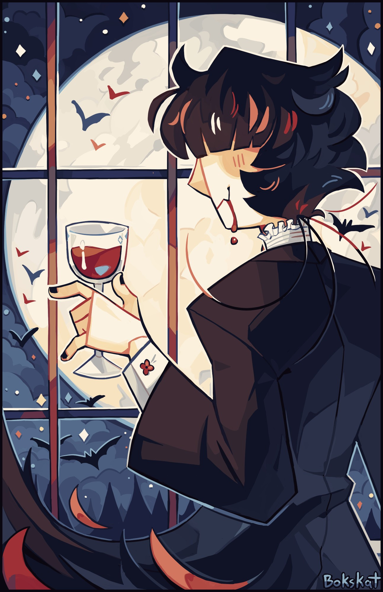 digital drawing of a vampire holding a glass of blood standing in front of a window with a large moon framing him and bats flapping around in the sky.