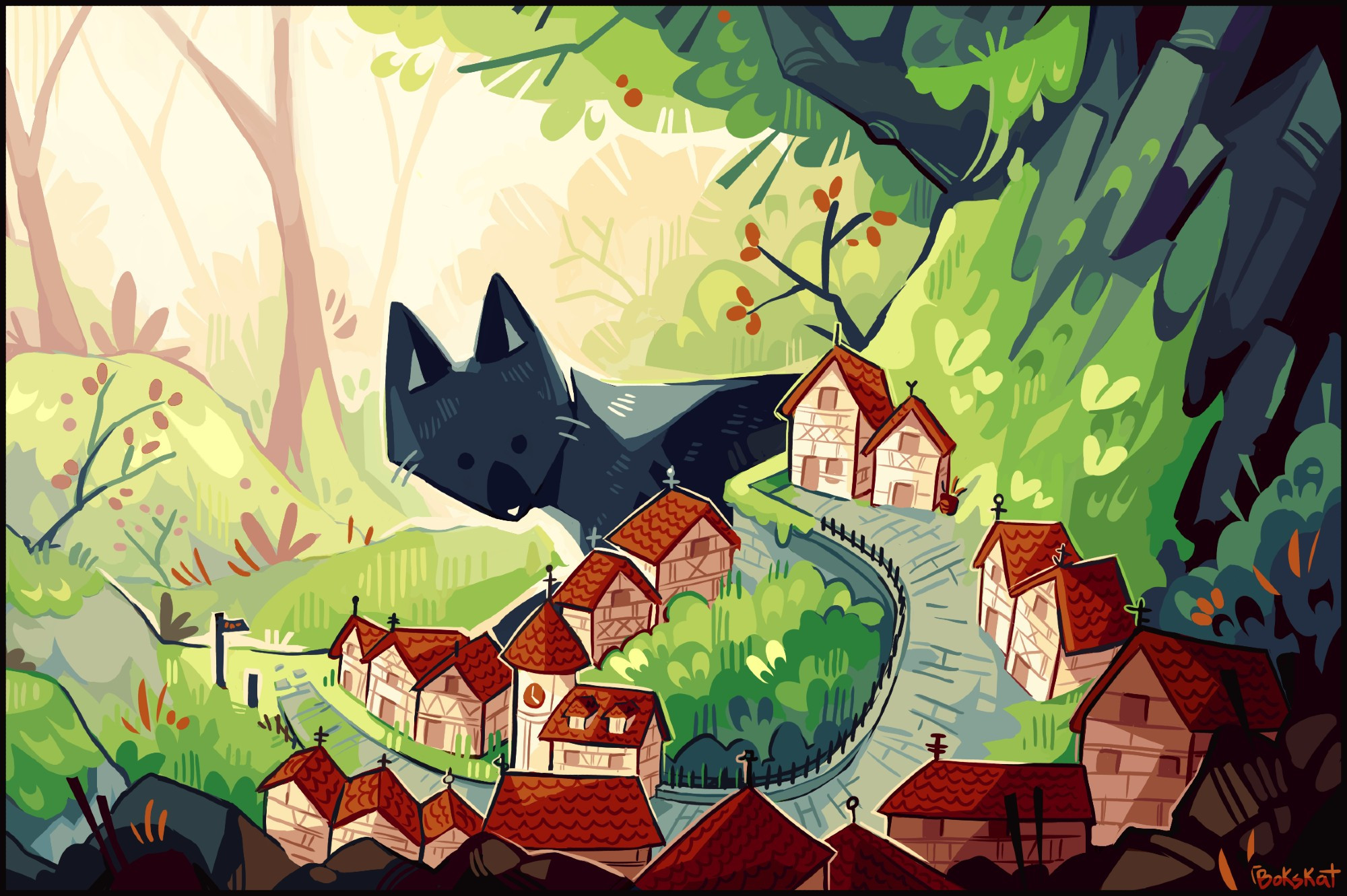 a digital drawing of a black fox looking over a teeny village of red-roofed houses built along the side of a tree.