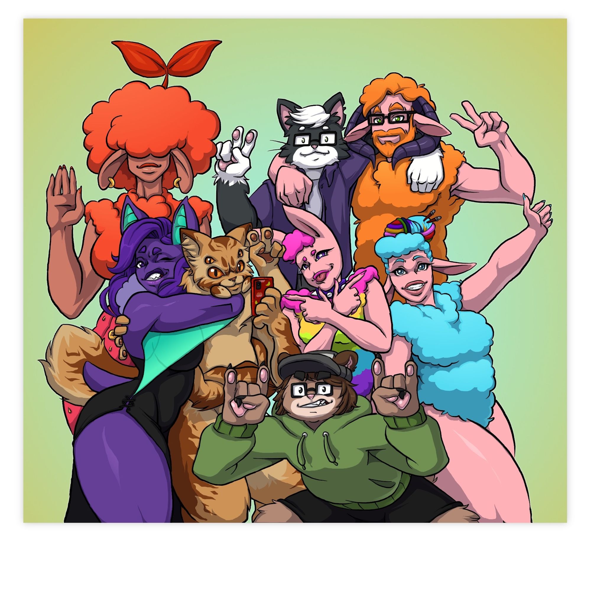 A drawing of a group selfie of anthropomorphic characters. In the back there's an anthro female sheep with orange wool and a dark orange sprout coming out of the top of her head. The wool on her head is like an afro covering her eyes. Beside her is an anthro male tuxedo cat wearing glasses and a purple shirt. He has his arm around an anthro male ram with orange wool, a beard and glasses. In front of them is a purple buxom anthro female bat wearing a black dress. She's hugging an anthro spider cat with brown striped fur. He's holding a red cellphone in one of his six hands. Beside him is a anthro female rainbow sheep with a spiked collar. She's posing with her hands crossed in front of her while sticking her tongue out. Beside her is a buxom anthro female sheep with teal wool. Her hair buns are dyed to look like balls of yarn. In front of them is an anthro bear. They're wearing a grey hat, green hoodie, glasses and dark shorts.