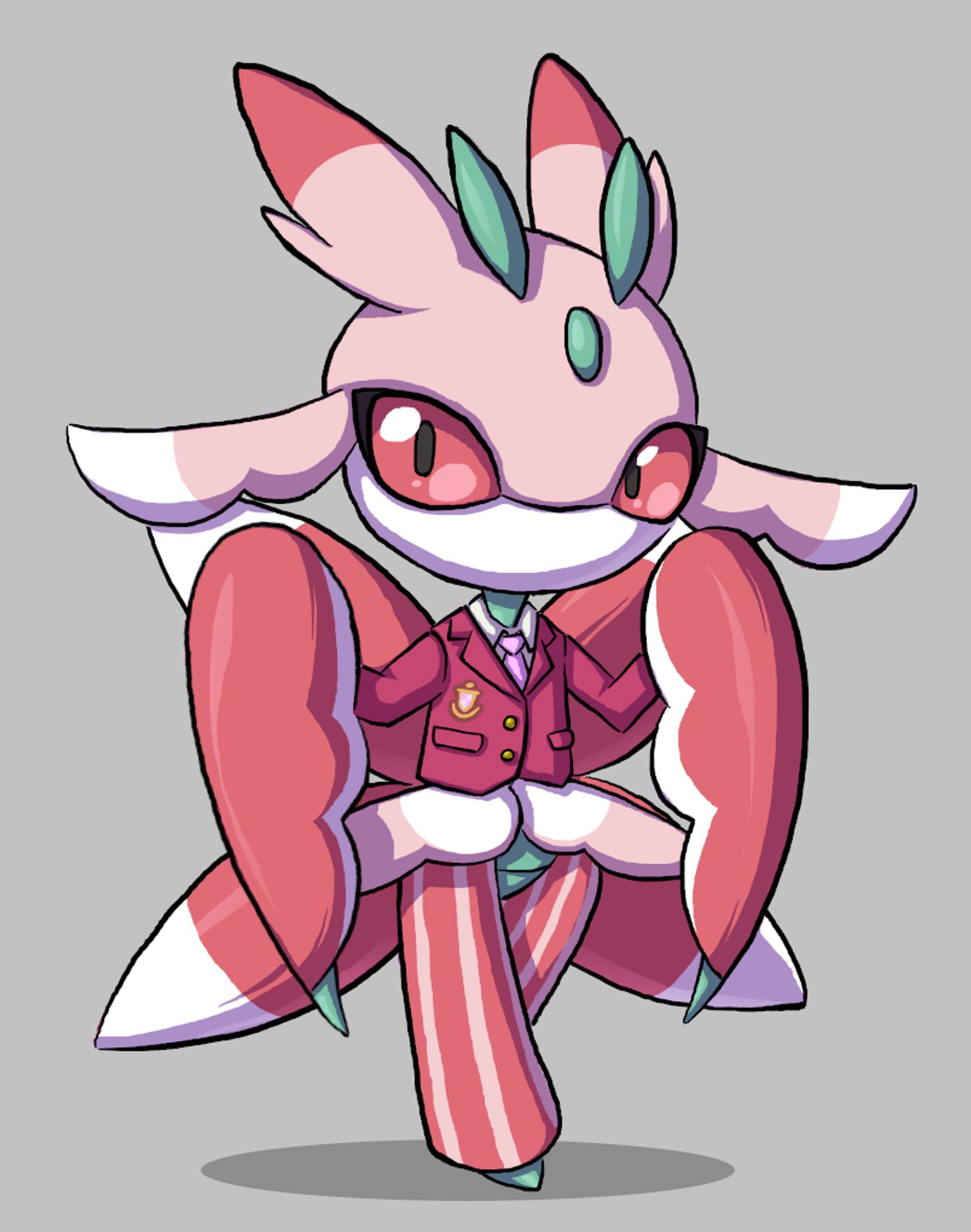 The pokemon Lurantis, a pokemon based off of an orchid mantis, is drawn in an Animal Crossing villager's proportions wearing an academy blazer as a top.